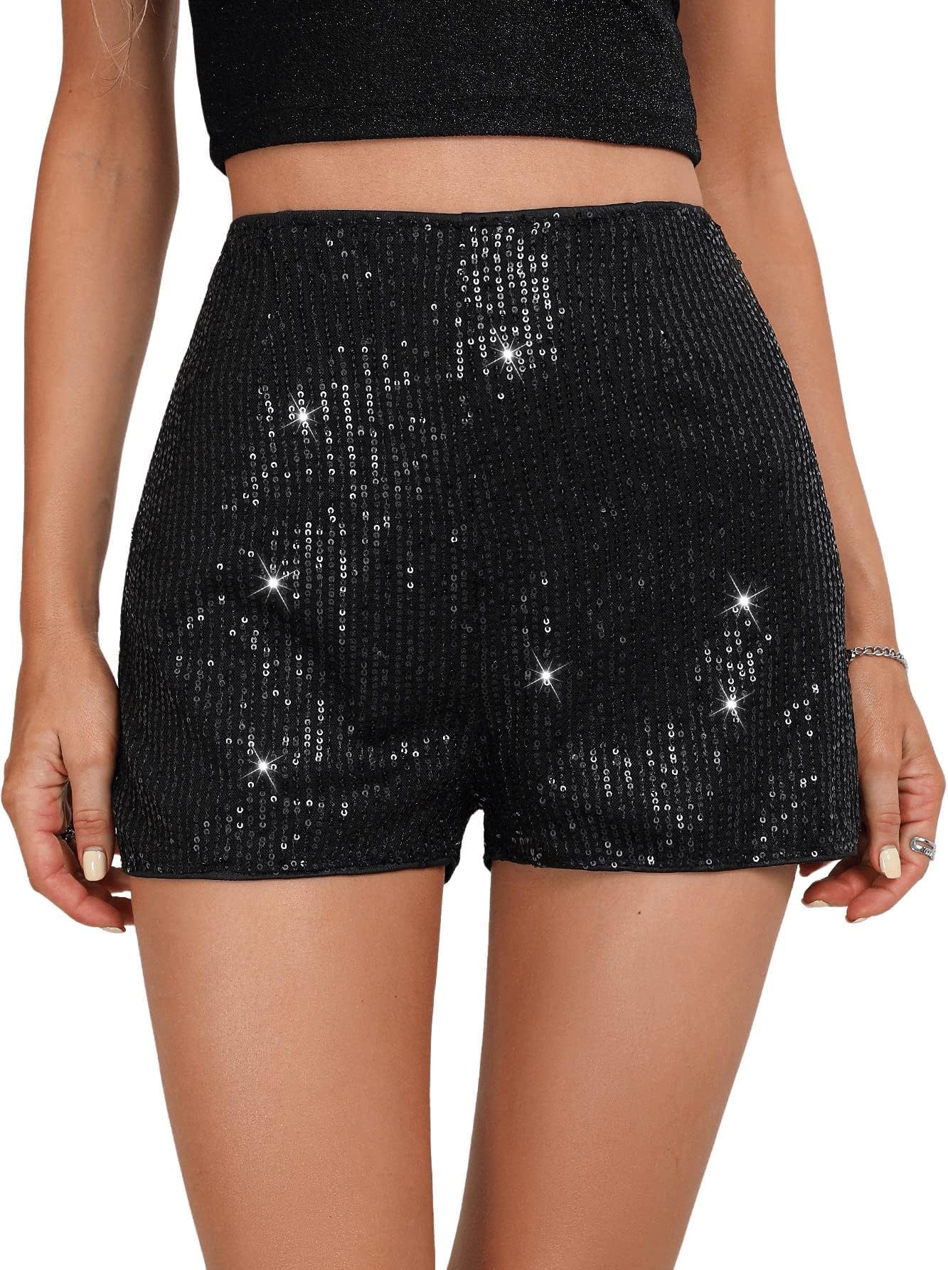 Sequins High Elastic Waist Straight Leg Shorts Solid Glitter Party Shorts