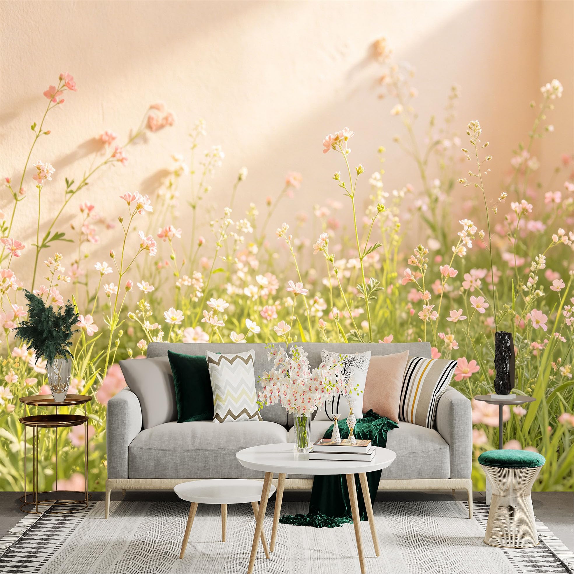 Lnzczhyre Dbh260521953 Custom Size Wall Sticker Mural， Soft Pastel Pink Floral Meadow， Blooming Spring Flowers， Sunny Botanical Field， Warm Nature Scenery， For Wall Decoration， Peelandstick Wall Decals.