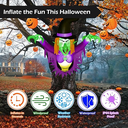 Miniatura 3 de Inflables de Halloween de 3.5 pies con diseño de bruja aterradora que estalló de la ventana, decoraciones de Halloween al aire libre con luces LED