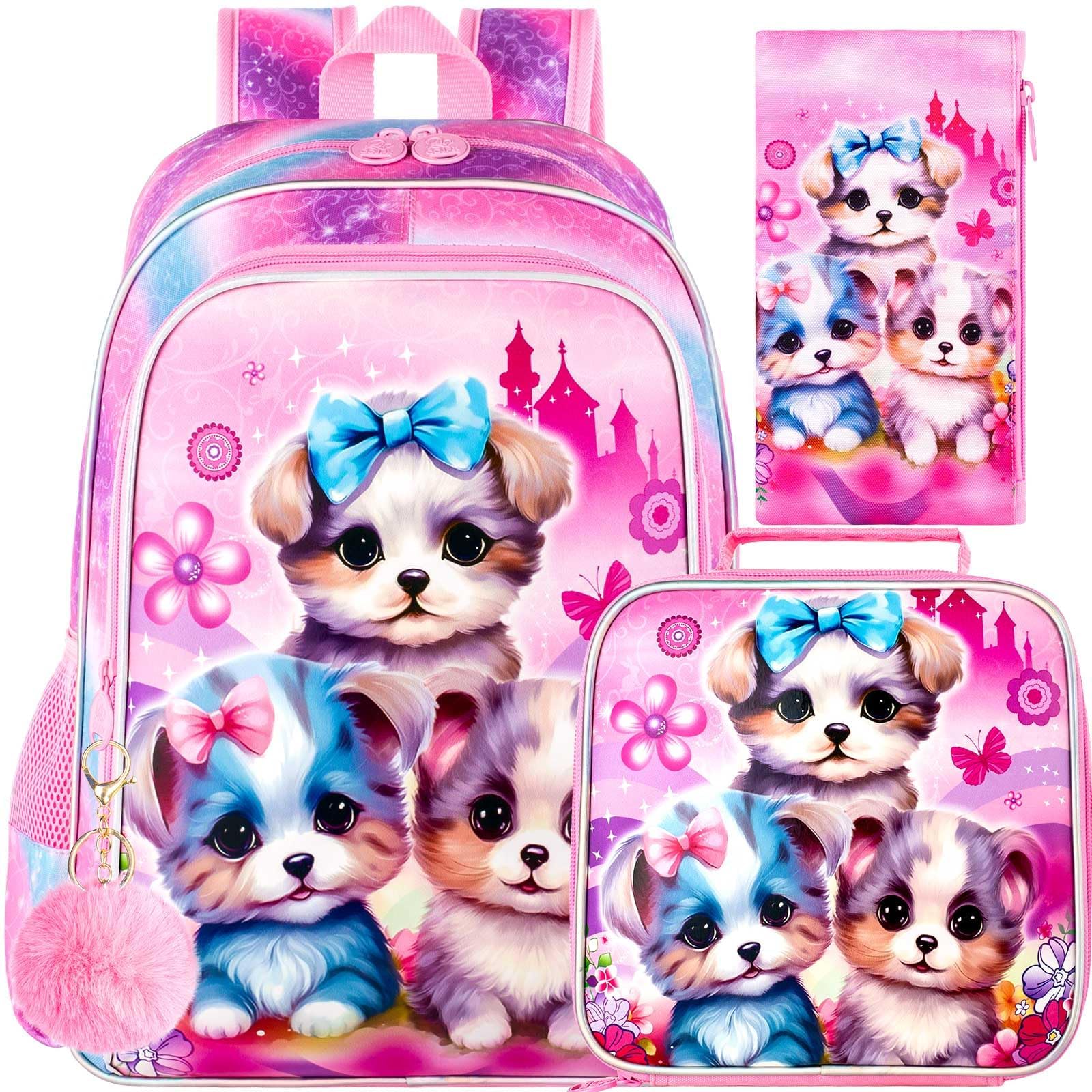gxtvo 3PCS Girls Dog Bookbag, 16" Kids Backpackwith Lunch Box, Water Resistant School Bag for Elementary Preschool Toddler
