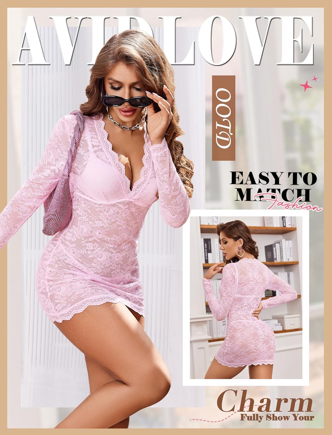 Avidlove Women's Lace Long Sleeve Babydoll Lingerie Dress And Thong Set Sexy Deep V-Neck Party Clubwear Outfits Mesh Bodycon - Image 2