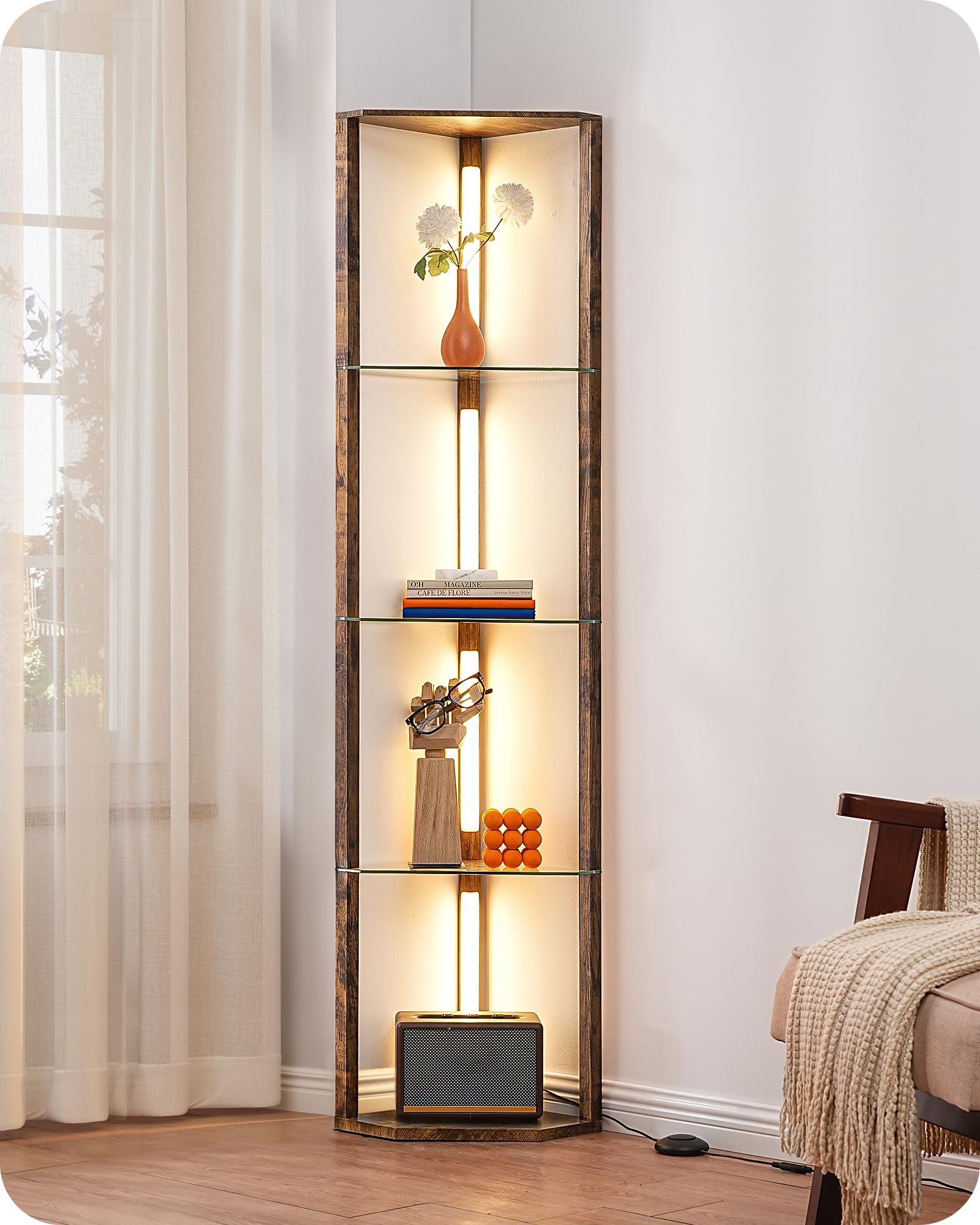 EDISHINE Stehlampe mit 4 Glasregalen, dimmbare LED Regal-Lampe mit Stauraum, 3 Farbtemperaturen & 360° drehbare 20W Lichtleiste, Standleuchte mit Fußschalter aus Holz für Wohnzimmer, Schlafzimmer