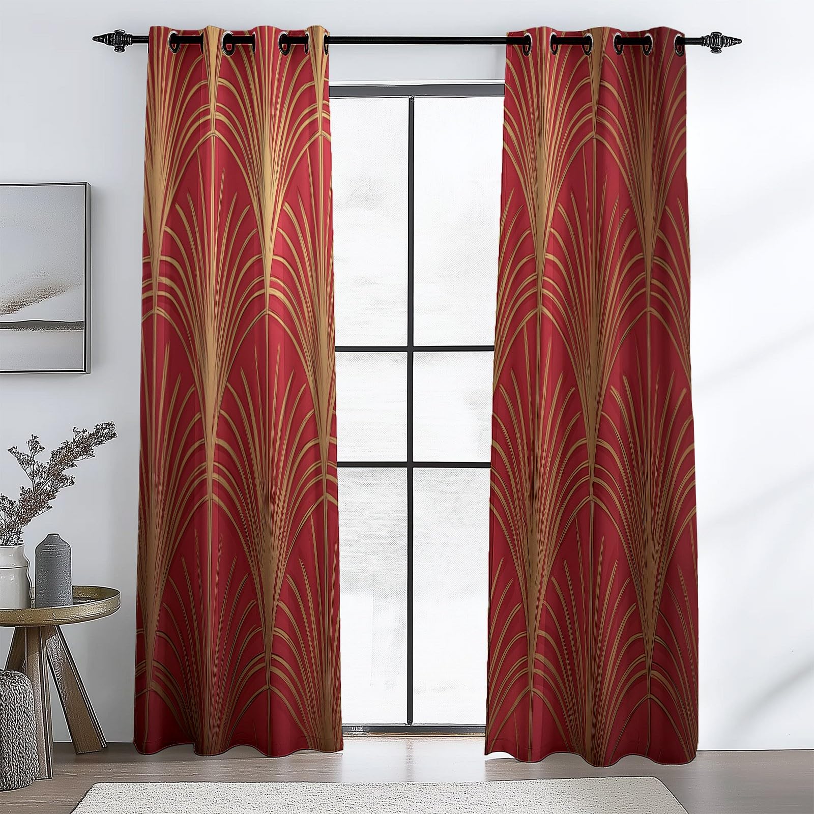 Éventail Élégant Et Luxueux Géométrique Rideaux Longs 140L X 260H cm (2 Panneaux), Tissu Occultant Thermique pour Baie Vitrée, Rouge Or