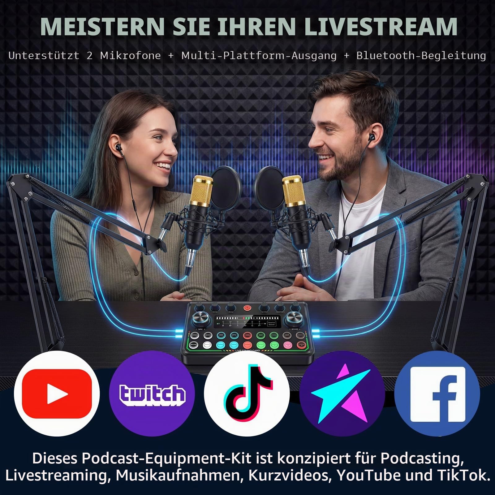 Podcast Equipment Bundle - Podcast Mikrofon Set, Mixer Kit mit Live Soundkarte, for Streaming Singing Podcasting Recording, Compatible with Phone PC Laptop