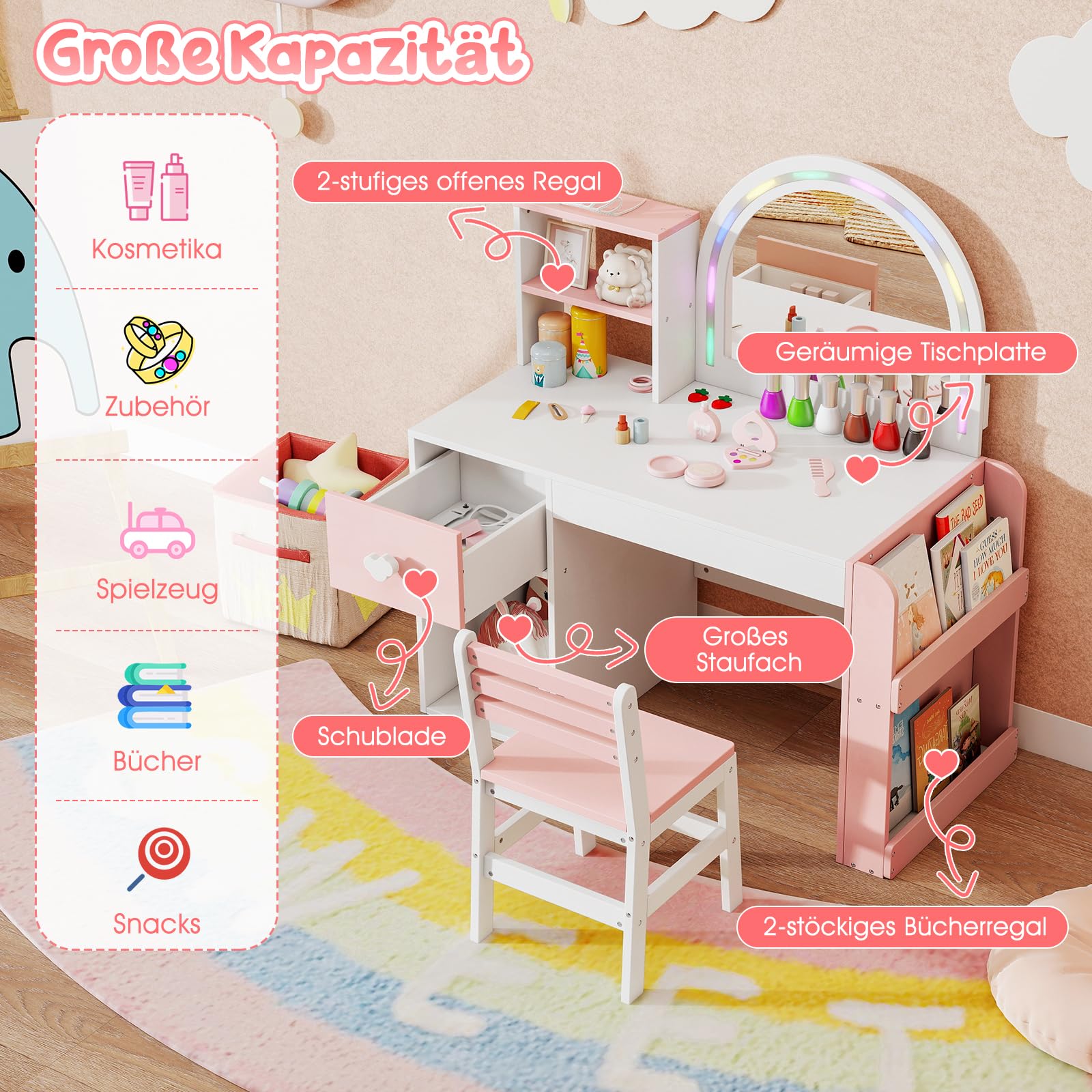 DREAMADE 2 in 1 Schminktisch Kinder Set, Frisiertisch mit Hocker & Buntem LED-Spiegel, Kinderschminktisch mit Bücherregal, Schublade & Schrank, Kosmetiktisch für Mädchen ab 3 Jahren (Weiß+Rosa)