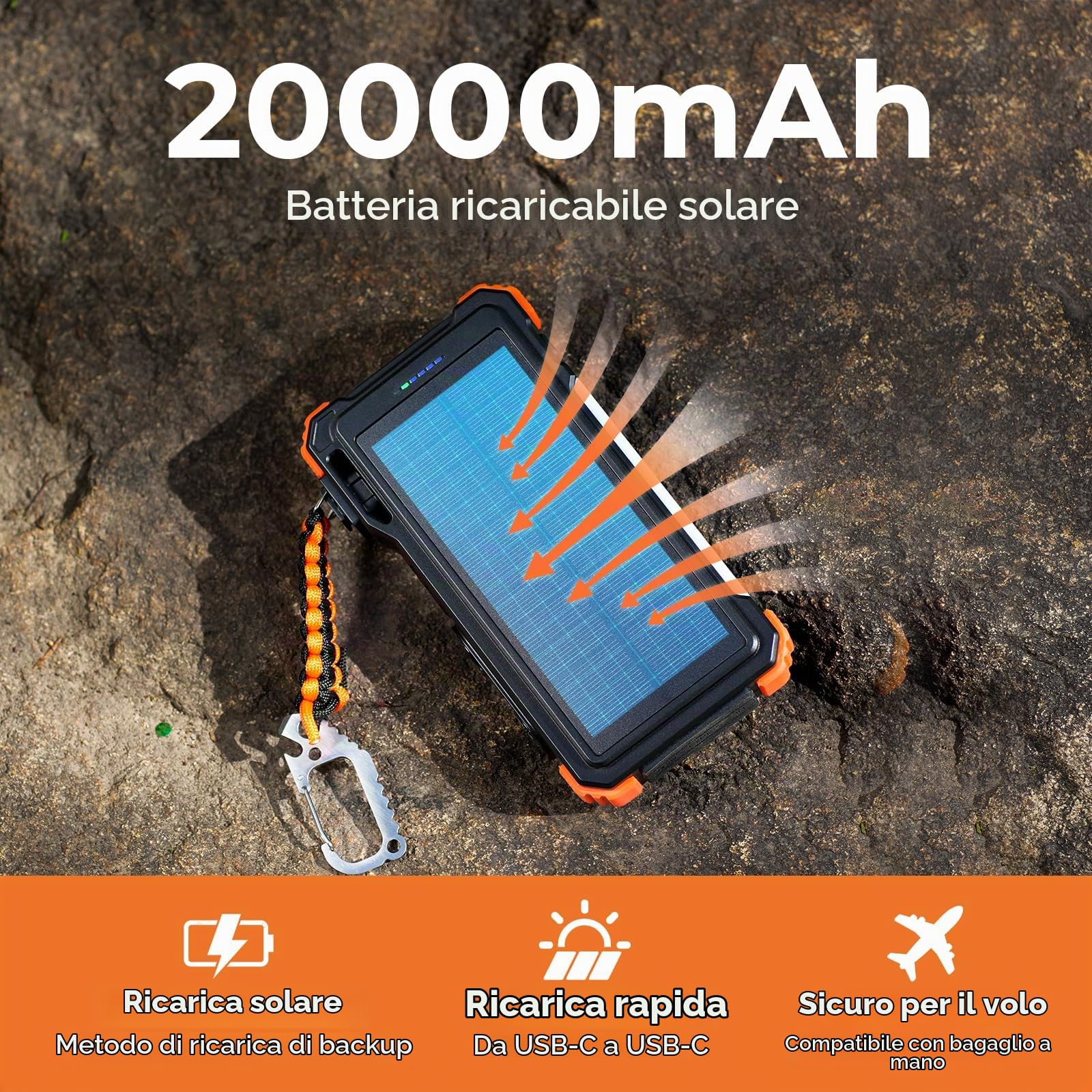 Caricabatterie Solare 20000mAh, 20W Ricarica Rapida Batteria Esterna Portatile USB C Impermeabile Power Bank con Cavi Incorporati, Luce da Campeggio, Torcia, Ricarica Wireless per Apple Watch
