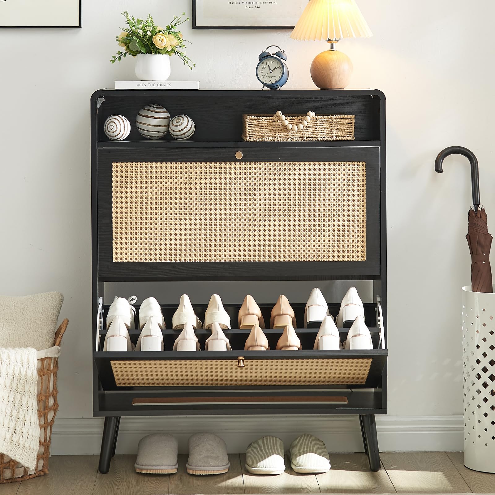 Rattan Shoe Cabinet with 2 Flip Drawers, 16 Pairs Shoe Storage Cabinet for Entryway Freestanding Hidden Shoe Rack with Drawer Slim Shoe Organizer for Hallway, Living Room, Black
