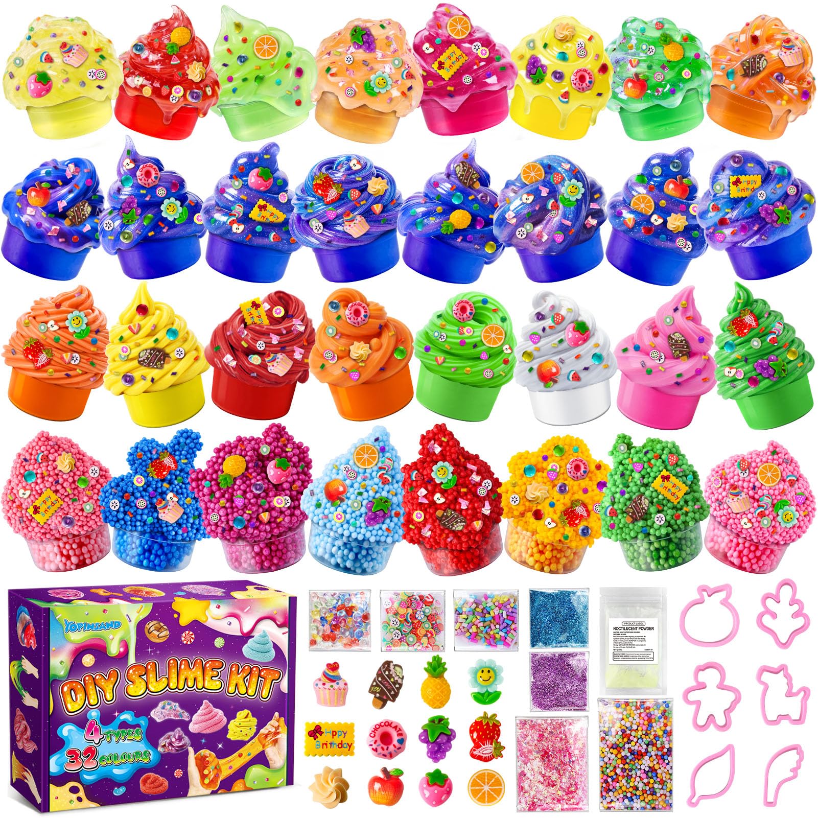 Kit de Slime 32 Pièces pour Filles et Garçons - Slime Prêt à l'emploi pour Enfants, Ensemble DIY pour Fêtes avec 4 Types de Slime Clear, Butter, Galaxy, Foam, Ajouts, Cadeaux pour Âges 3 à 12