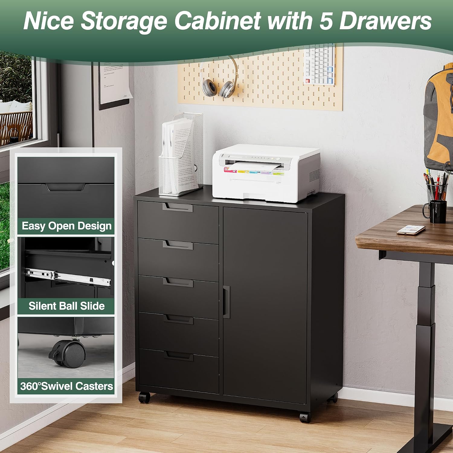 MIIIKO 5 Drawer Storage Cabinet with Door and Shelf, Mobile Lateral Cabinet on Wheels, Office Small Organizer Printer Stand, Black File Cabinets