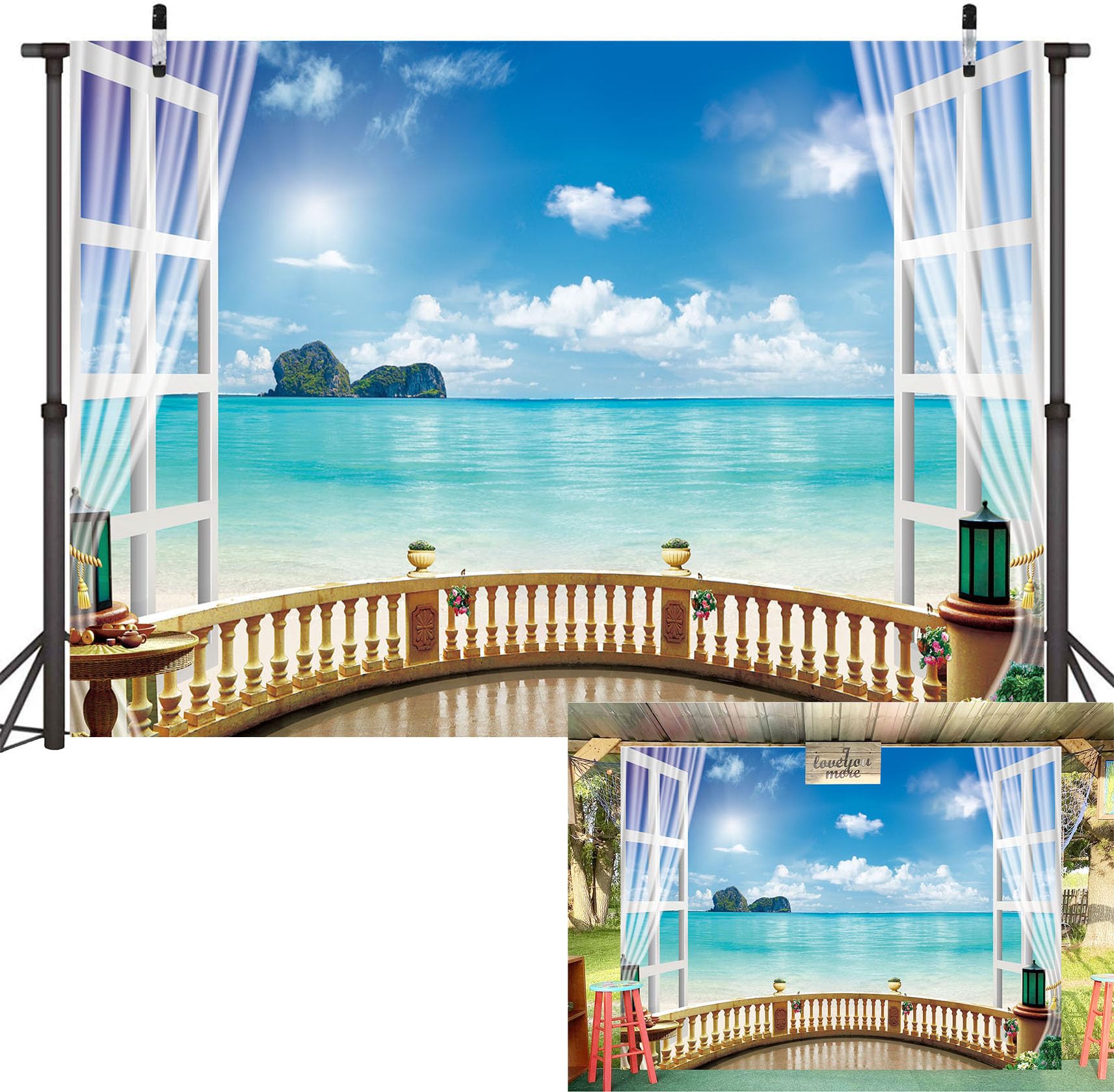 7x5ft Beach View Backdrop Tropical Seaside Sea Beach Scenery Background Sunny Blue Sky White Clouds Wedding Bridal Birthday Photo Booth
