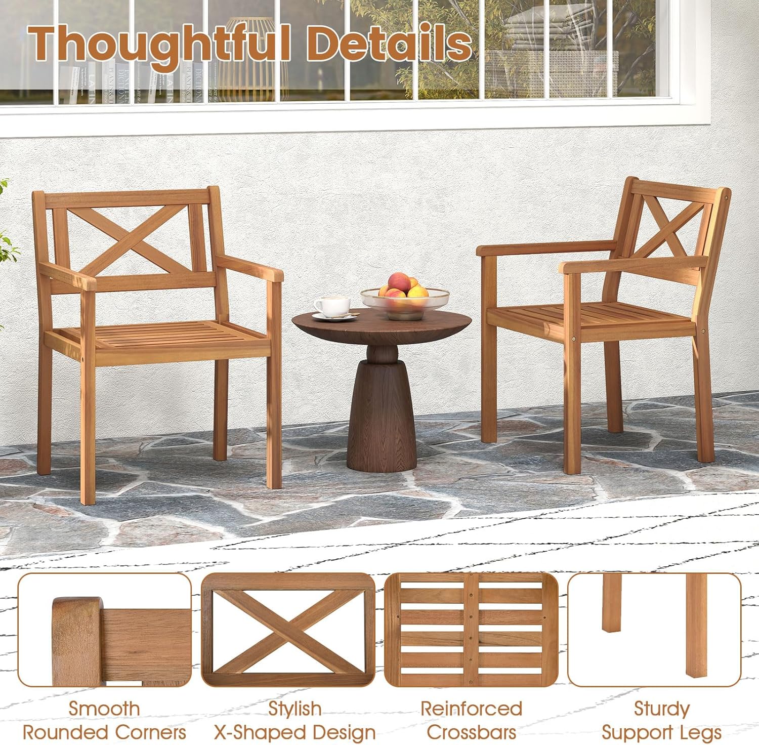Tangkula Acacia Wood Patio Dining Chairs Set of 4, Outdoor Dining Chairs with 400 lbs Capacity, Heavy-Duty Wooden Armchairs for Porch, Deck, Backyard & Balcony, Teak Finish (4)
