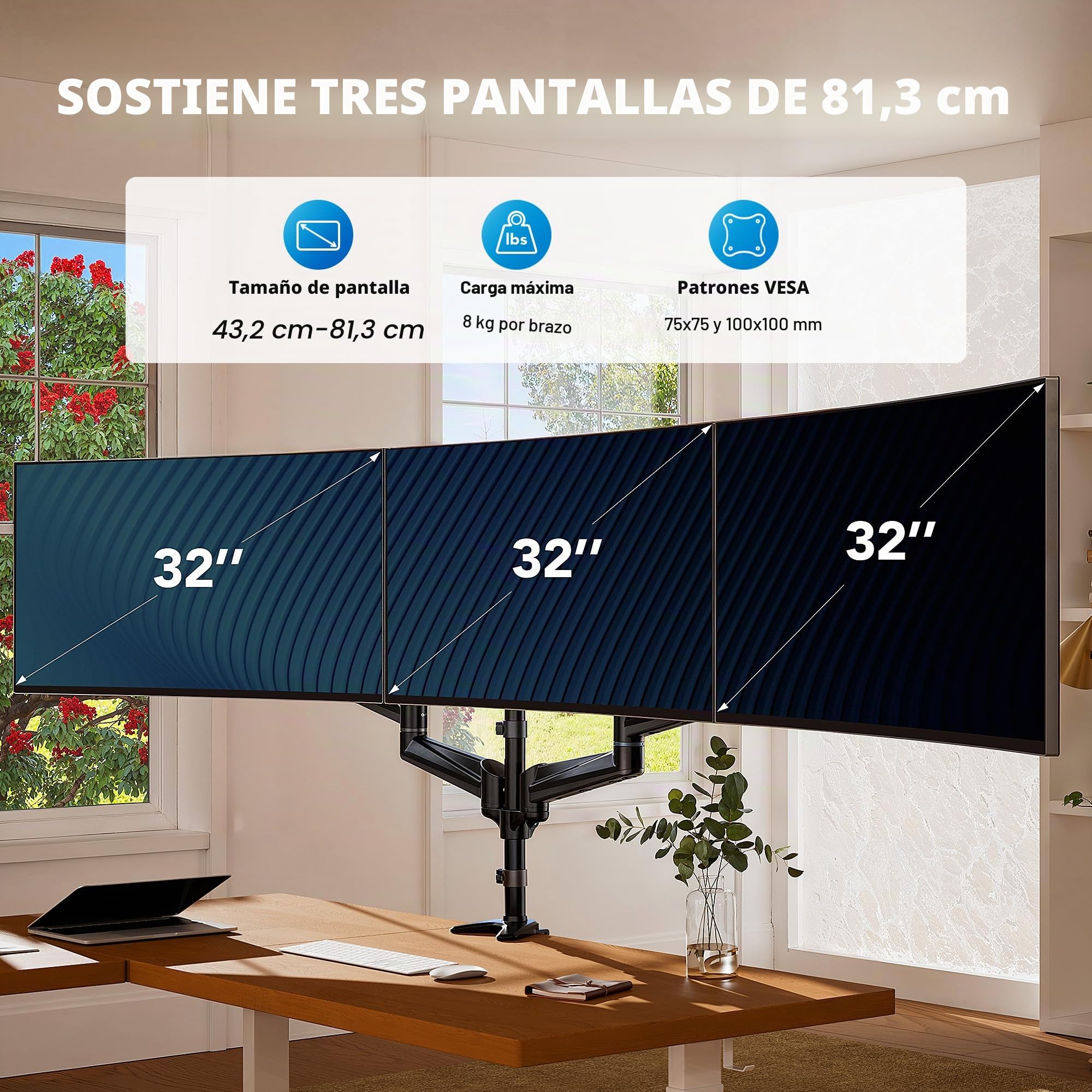 HUANUO Soporte Triple Monitor para 3 Pantallas de 17-32 Pulgadas, Brazo Triple Monitor Ajustable con Capacidad de Peso 8kg, Soporte para 3 Monitores con 2 Opciones de Montaje, VESA 75x75 100x100