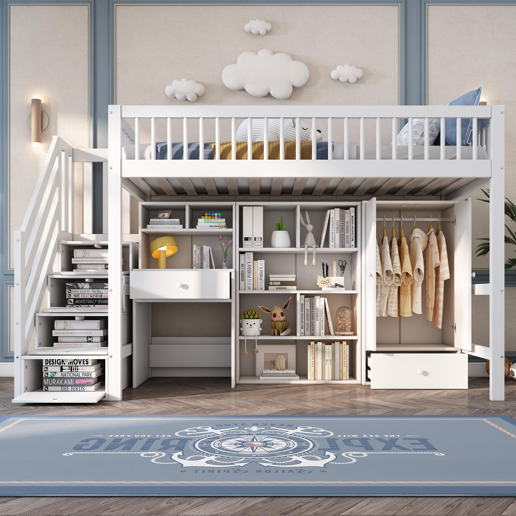 Merax Kinderbett Hochbett 90x200cm, mit Treppe Staufach Stauraum,Kleiderschrank,Schreibtisch und Bücherschrank, Etagenbett mit Lattenrost,Rausfallschutz, Ohne Matratze,Weiß/252.5×95×150cm