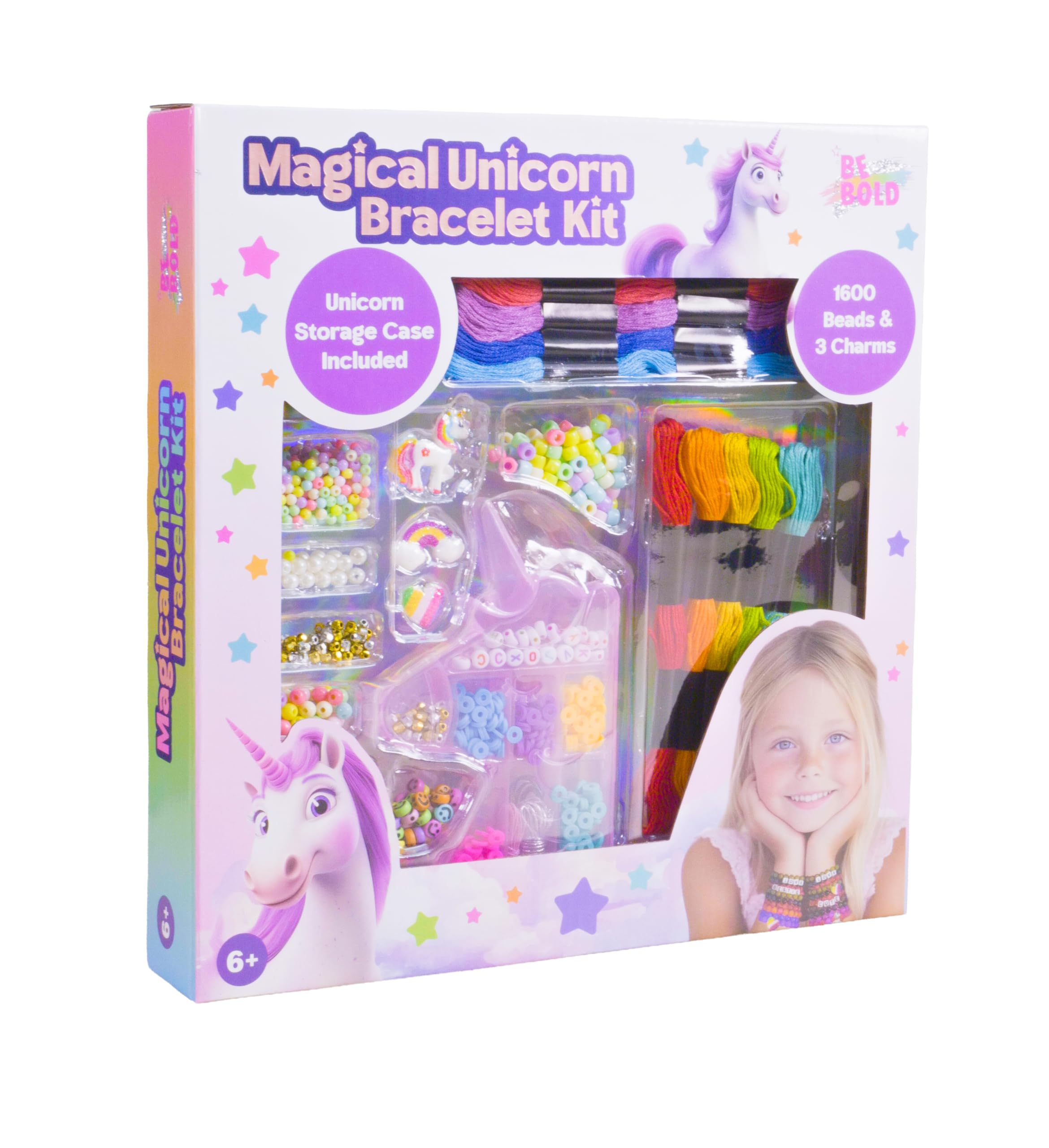 Be Bold Magical Unicorn Bracelet Making Kit with Storage Case, 1600+ Assorted Beads, 3 Charms, 10 Coloured Threads, Ages 6+, Design 20+ Bracelets