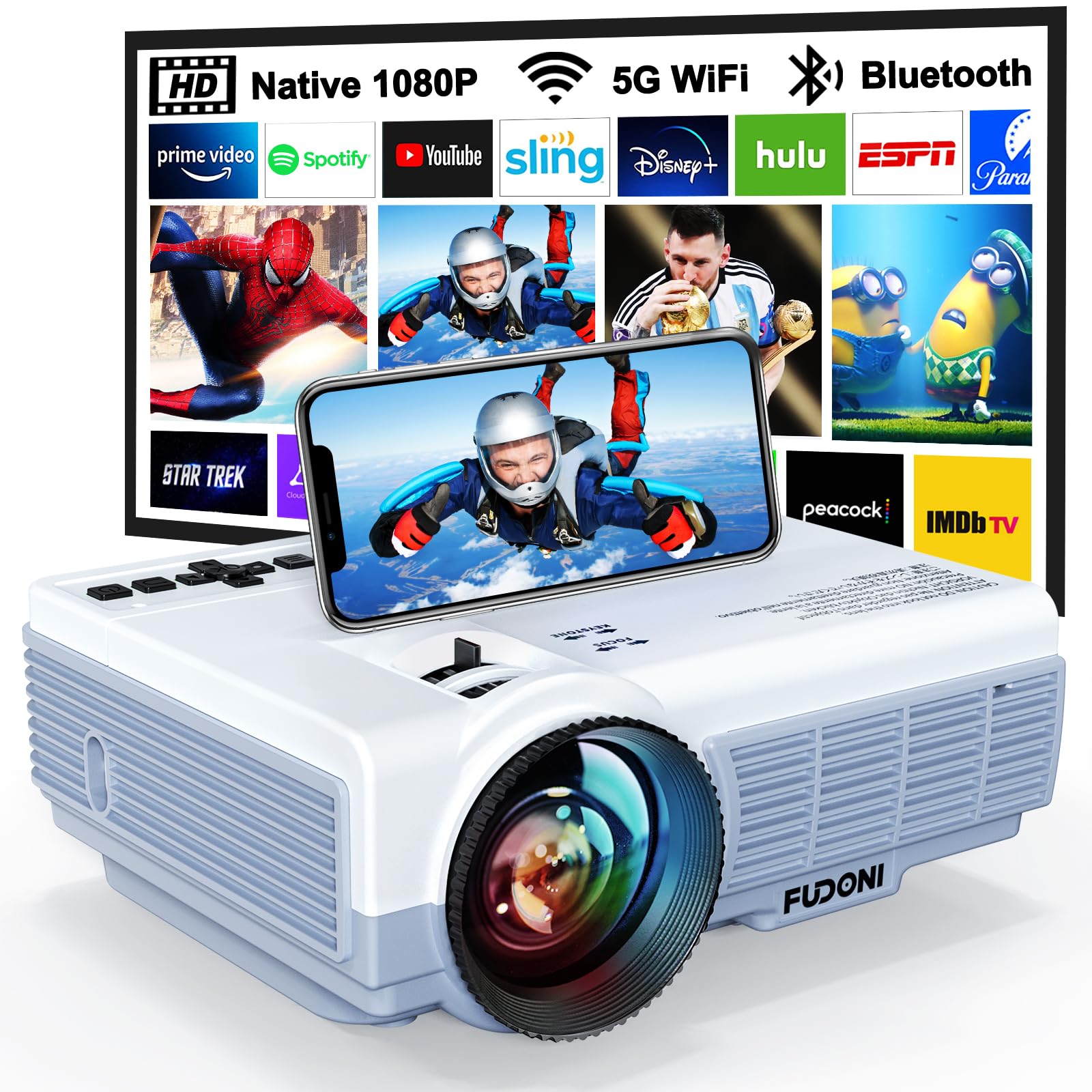 Projector with WiFi and Bluetooth, FUDONI Upgrade Projector Native 1080P 14000L 4K Supported, Portable Movie Outdoor Projector for Home Theater, Compatible w HDMI/USB/TV Stick/Laptop/iOS Android PhoneClimeCo Certified