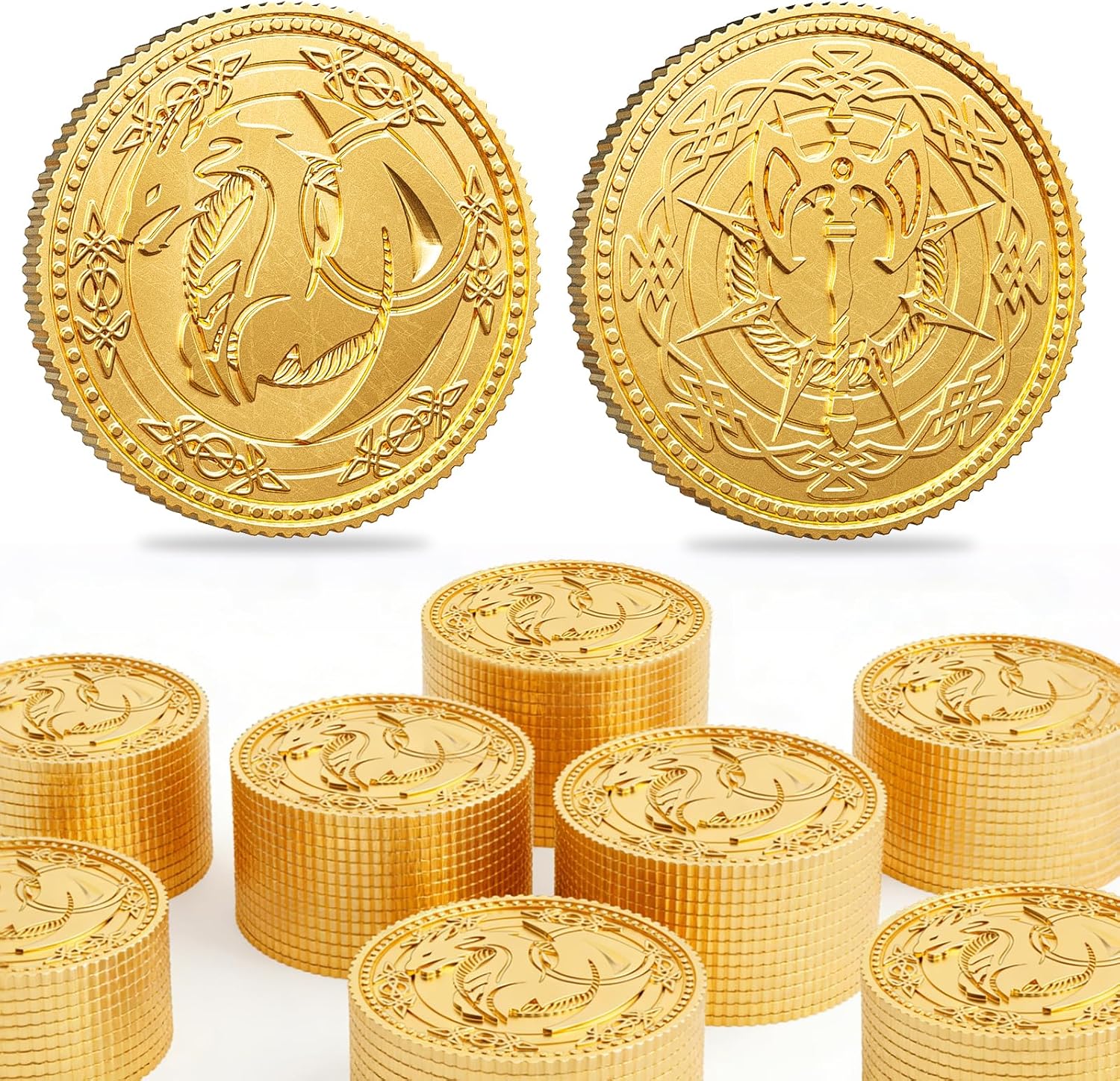 Byhoo 50 PCS DND Fantasy Metal Gold Coins & PU Leather Pouch for Dungeons & Dragons Novelty Tabletop RPG Board Games Tokens Treasure Coins for Party Tabletop Games Accessories Addons Medieval Game