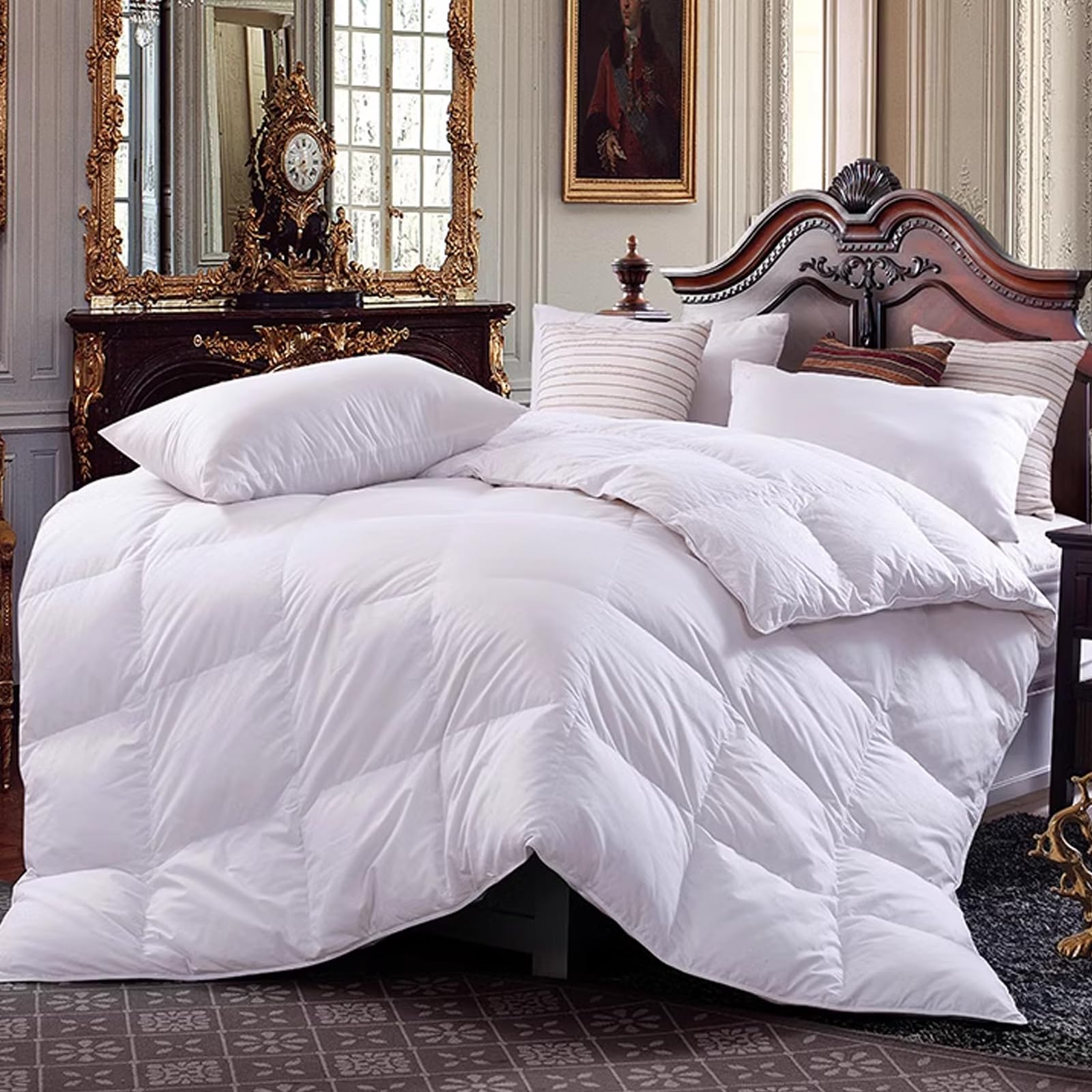 FfiMe Luxurious Goose Feathers Down Comforter,Grey Thickened Heavyweight Warmth Duvet Insert Cotton Cover with Corner Tabs (Grey, King Winter),87 * 94 inches (5kg) (White)