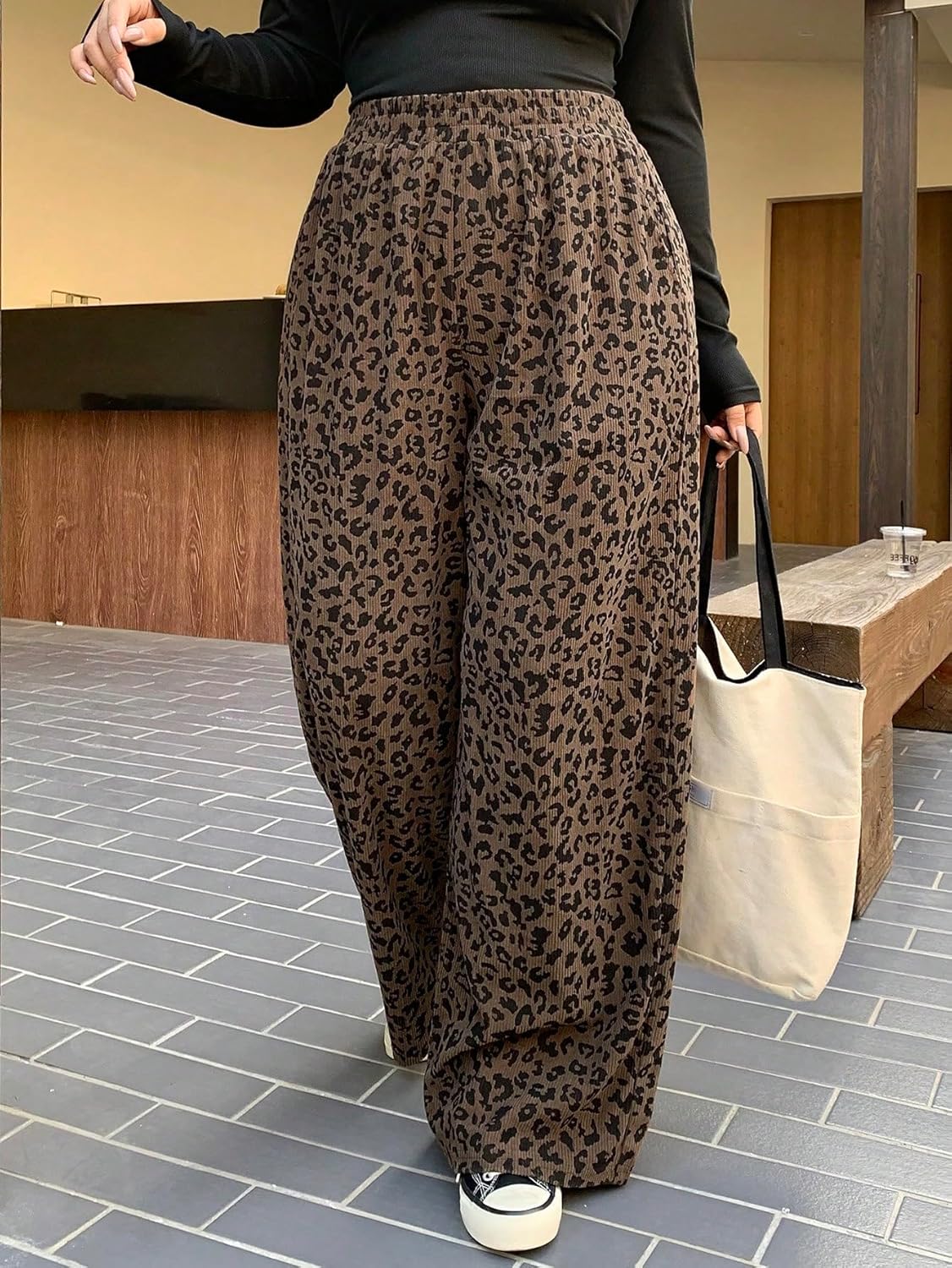 Women's Leopard Cheetah Corduroy Wide Leg Pants Elastic High Waisted Baggy Pants Casual Trousers - Image 6