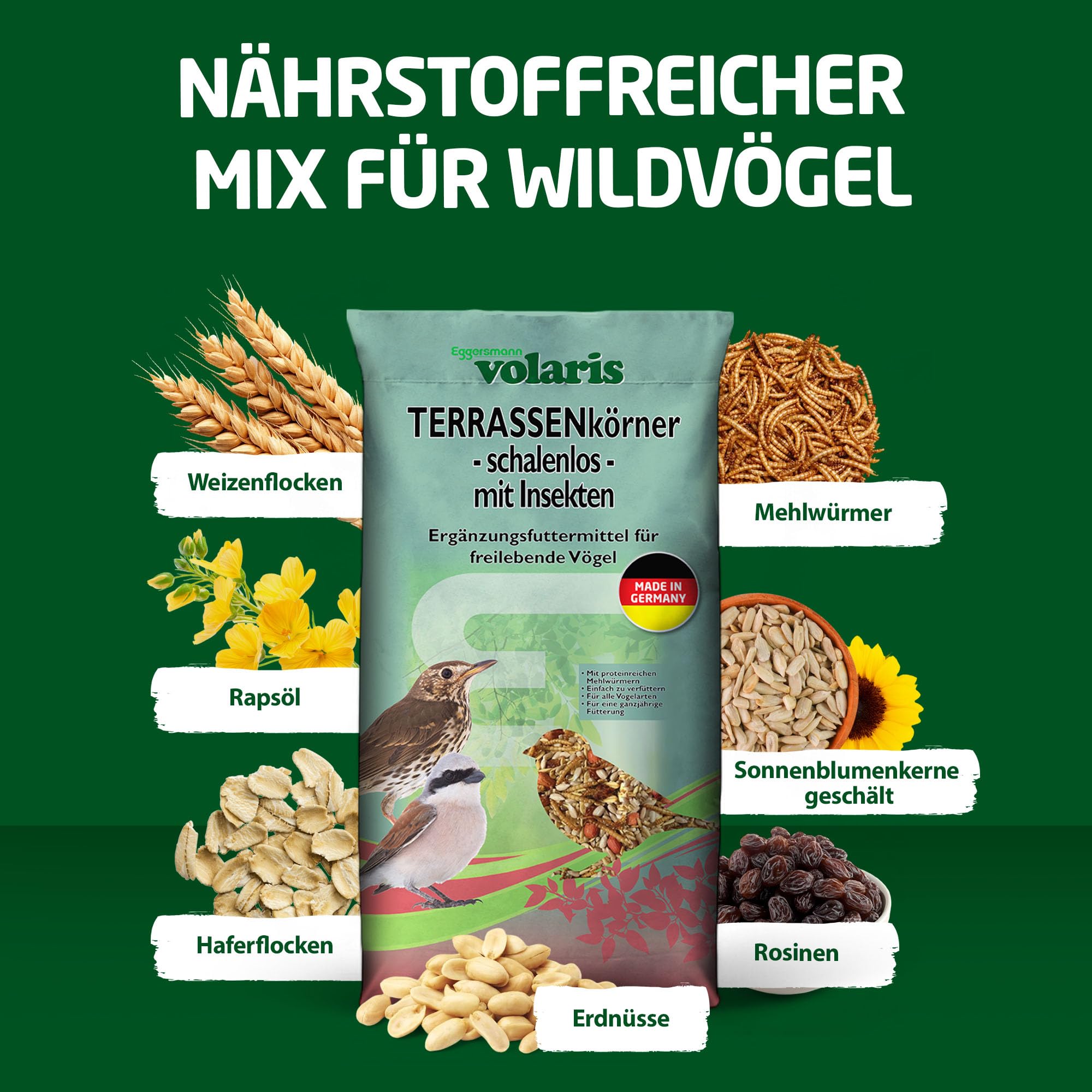 Eggersmann volaris Terrassenkörner mit Insekten 10 kg – Schalenfreies Wildvogelfutter mit Mehlwürmern, Sonnenblumenkernen UVM. – Ganzjahresfutter, Protein- & energiereich – Streufutter für Wildvögel