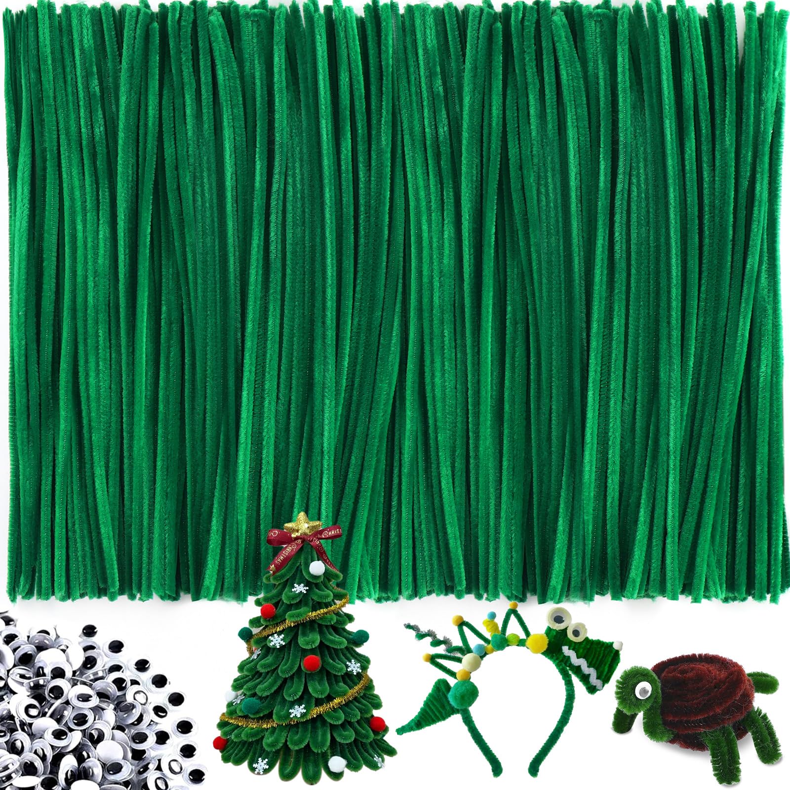 200pcs Christmas Green Pipe Cleaners and 100pcs self-Adhesive Wiggle Eyes Sets, Pipe Cleaners Bulk, Art and Craft Supplies, Chenille Stems Pipe Cleaners, Pipe Cleaner Crafts