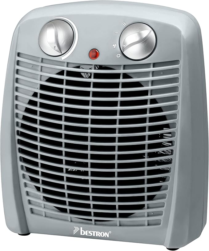 Bestron Calefactor, Termoventilador con 2 niveles de potencia, incl. protección antivuelco y protección contra sobrecalentamiento, para habitaciones de hasta 20 m², 2000 vatios, color: Gris