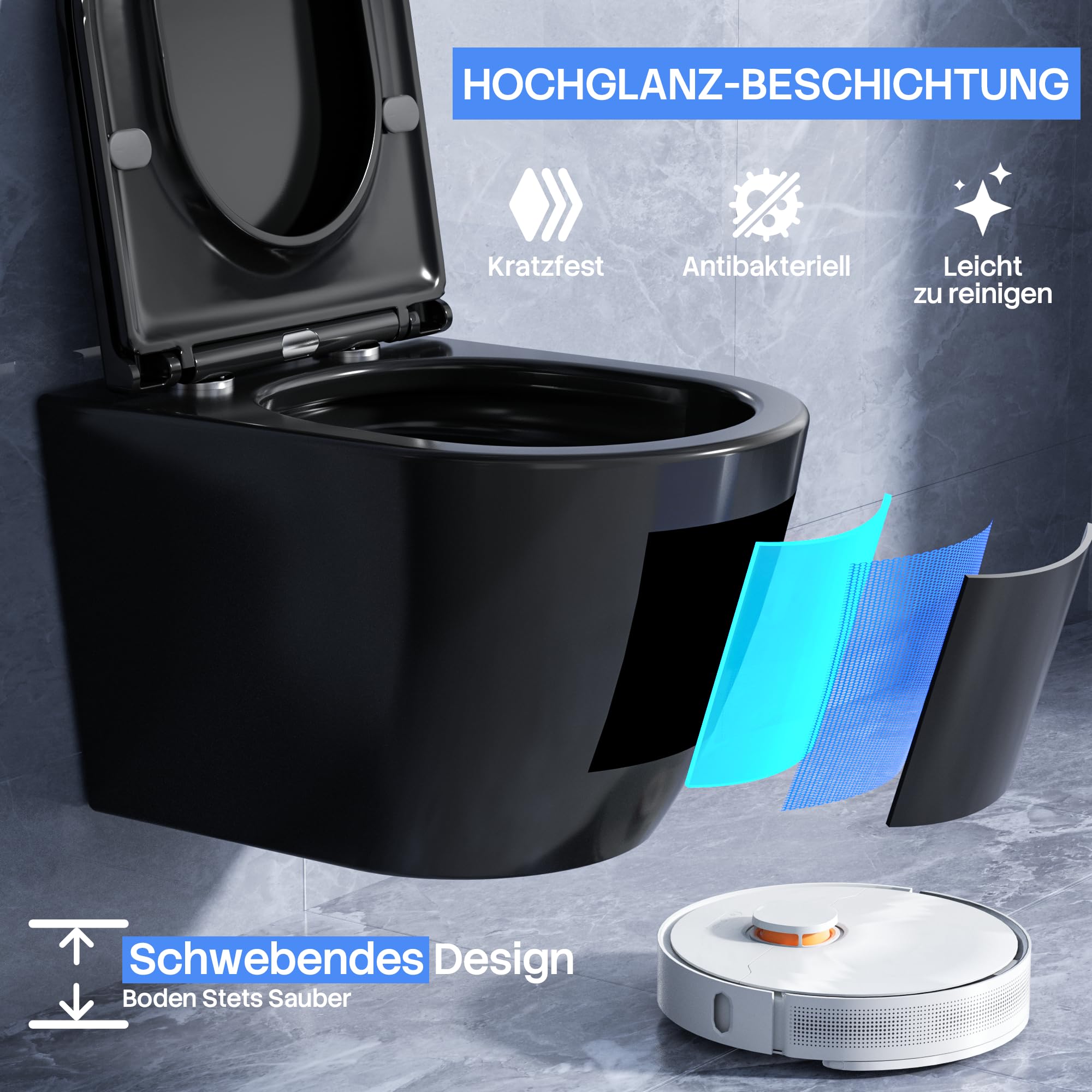 Spülrandloses Hänge-WC, Leises Und Wassersparendes Hochleistungs-Spülsystem, Wand-WC Mit Abnehmbarem WC-Sitz Mit Absenkautomatik, Mehrere Farben Verfügbar,49.5 cm (Schwarz Matt)