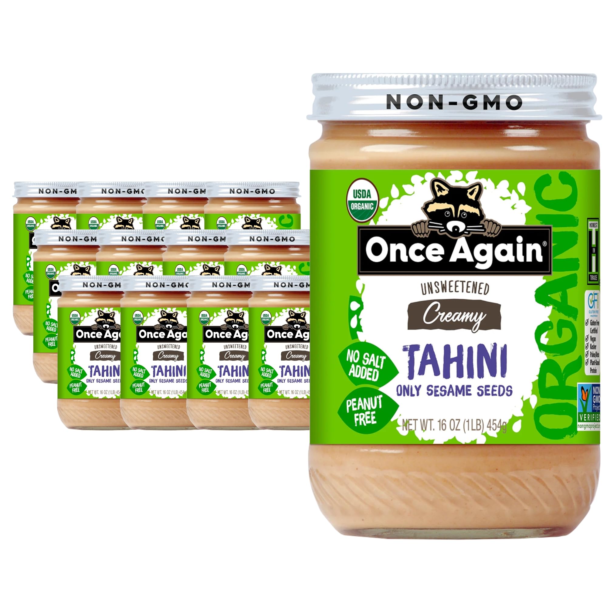 Once Again Organic Sesame Tahini, 16oz - Salt Free, Unsweetened - USDA Organic, Gluten Free, Vegan, Kosher, Peanut Free - Glass Jar - Case of 12