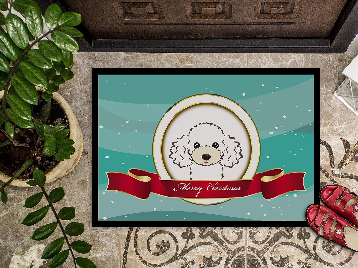 Caroline's Treasures BB1567JMAT White Poodle Merry Christmas Doormat 24x36 Front Door Mat Indoor Outdoor Rugs for Entryway, Non Slip Washable Low Pile, 24H X 36W