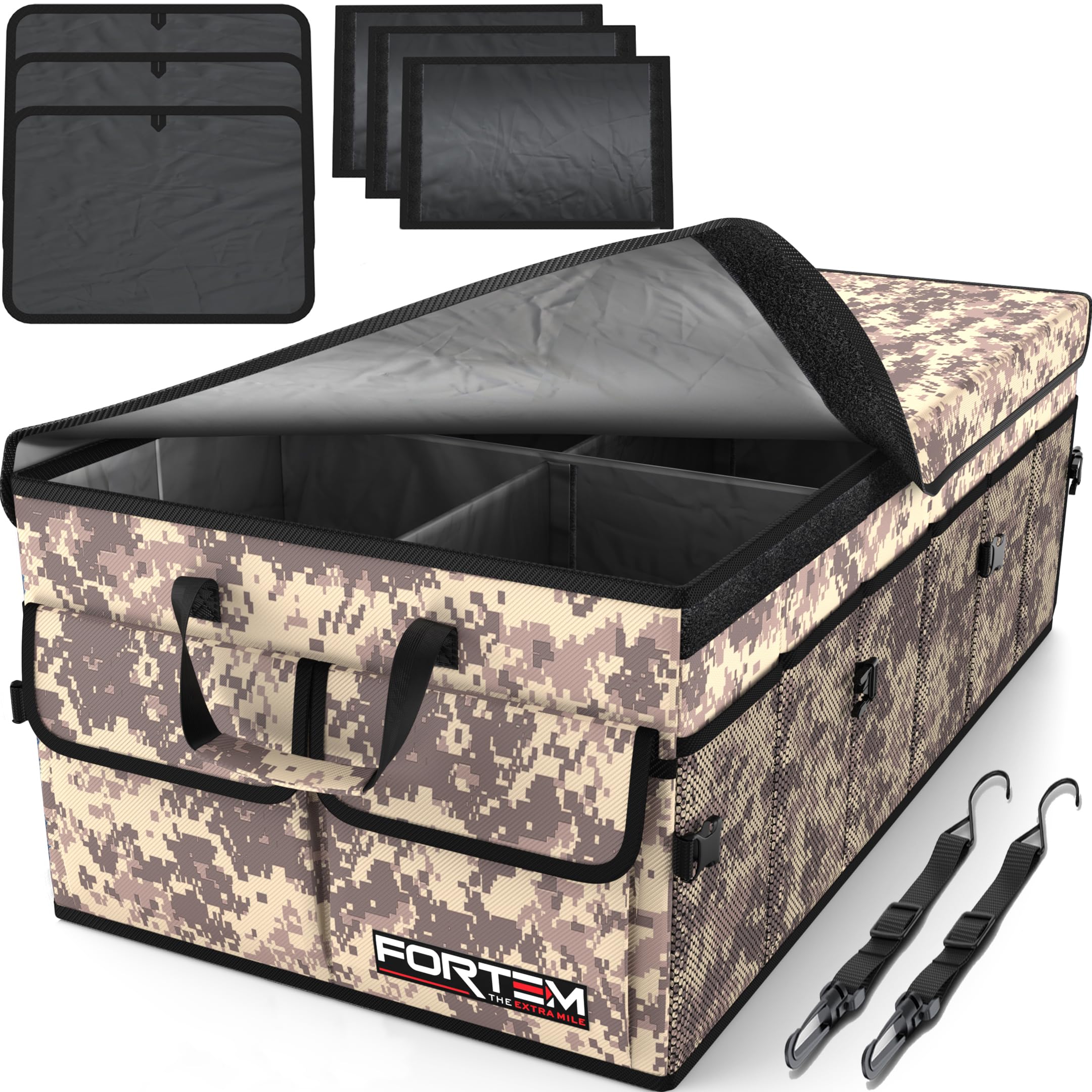 FORTEM Organizer Bagagliaio Auto, Organizer Auto e SUV Multi Scomparto Pieghevole, Organizer Auto Bagagliaio, Fondo Antiscivolo, Cinghie Regolabili, Coperchio Pieghevole (Deserto, Extra Grande)
