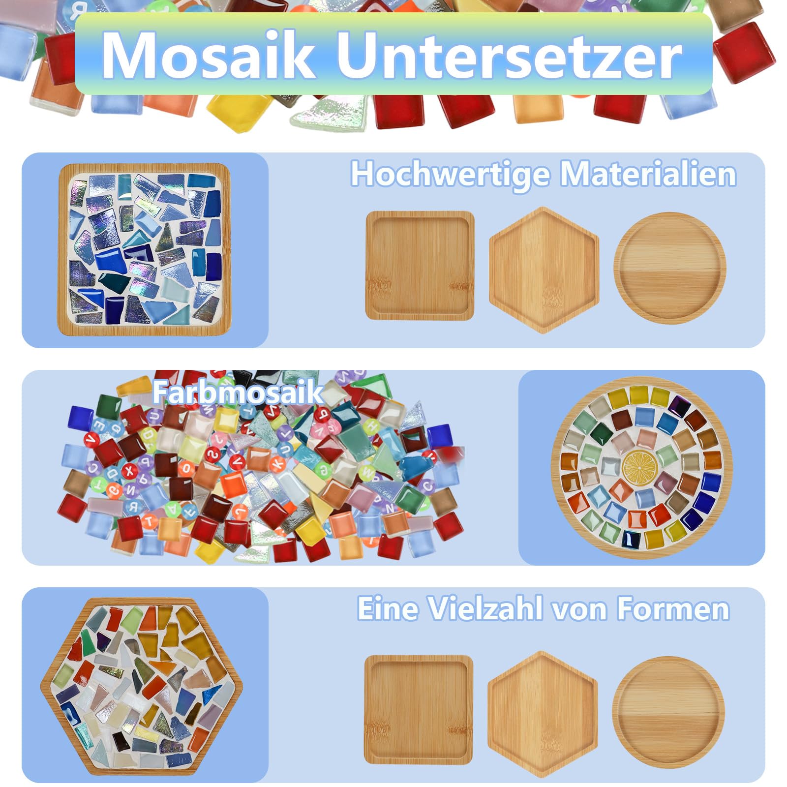 MOVATEK DIY Mosaik Untersetzer Bastelset für Erwachsene – 6 Stück Glas-Mosaik Untersetzer zum Selbstgestalten, Kreatives Bastelset für Entspannung, Geschenkidee & stilvolle Home Deko