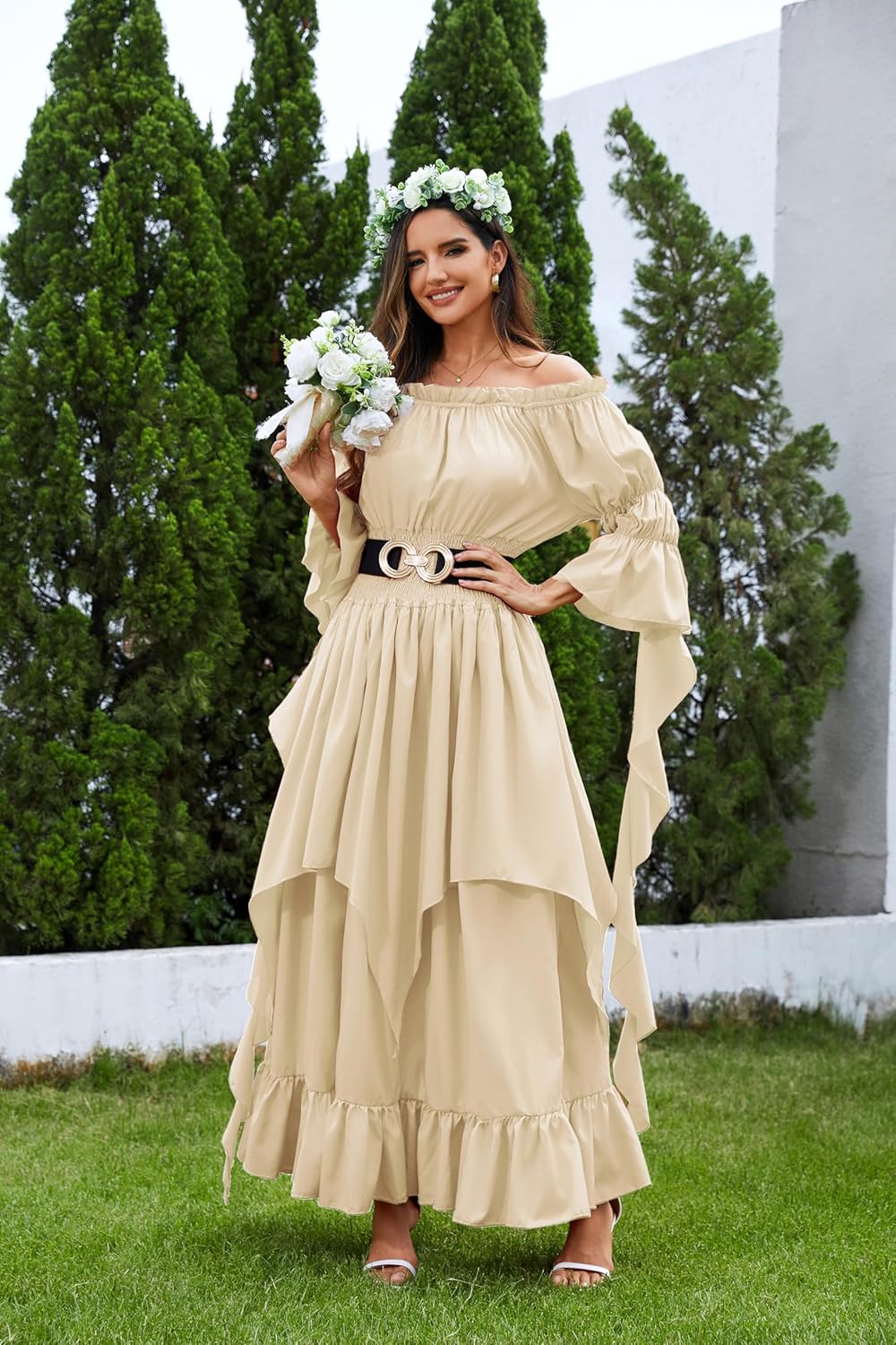 Renaissance Dress Women Victorian Medieval Gothic Witch Fairy Wedding Beige Off Shoulder Puff Sleeve Ruffle Dresses - Image 7