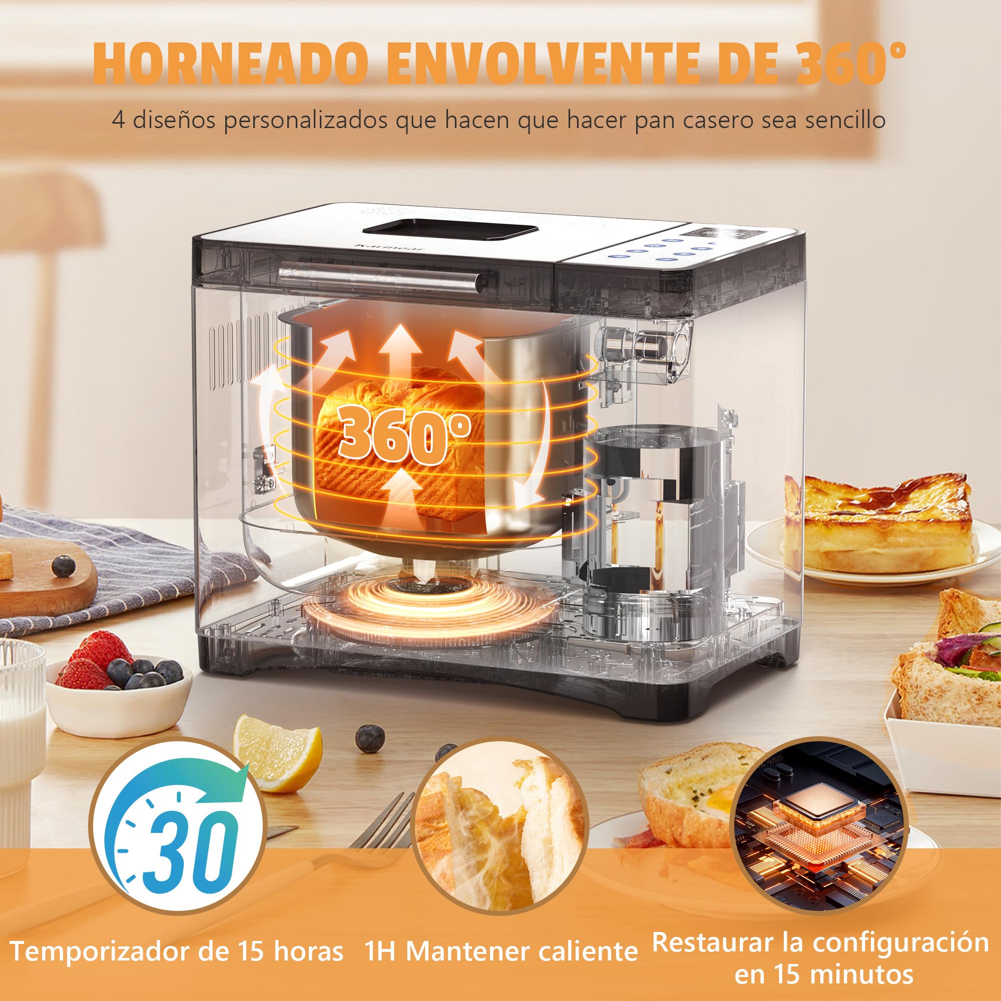 Karinear Panificadora de 1000 g, Multifuncional: 20 Funciones Preprogramadas, Retraso Preprogramado de 15 Horas, Función Para Mantener Caliente, Función de Amasado. Capacidad 1000 g, Blanco.