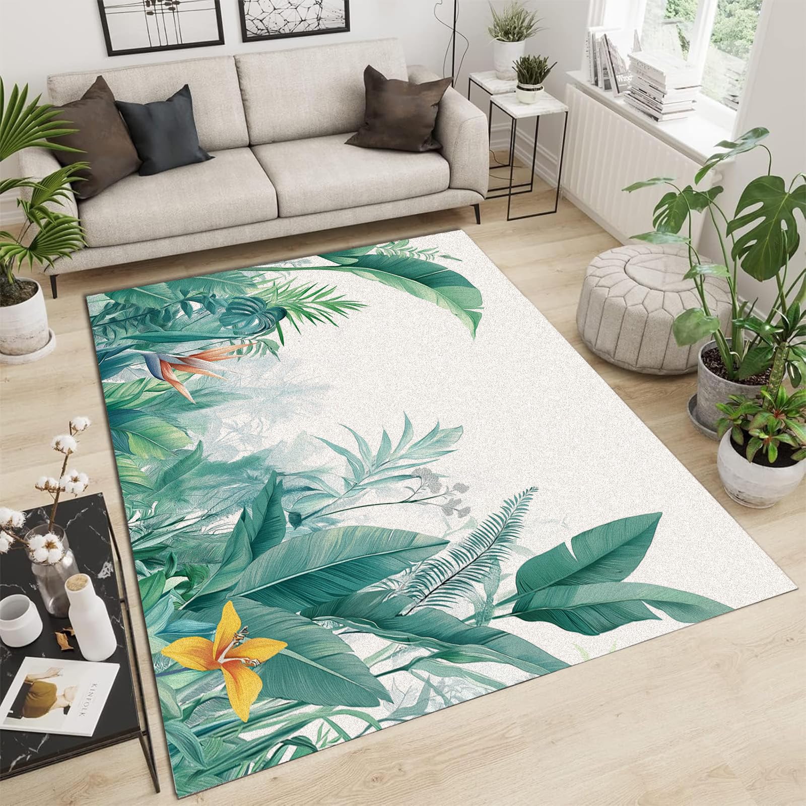 Tapis de salon plantes forestières 240x300cm lavable à pile courte