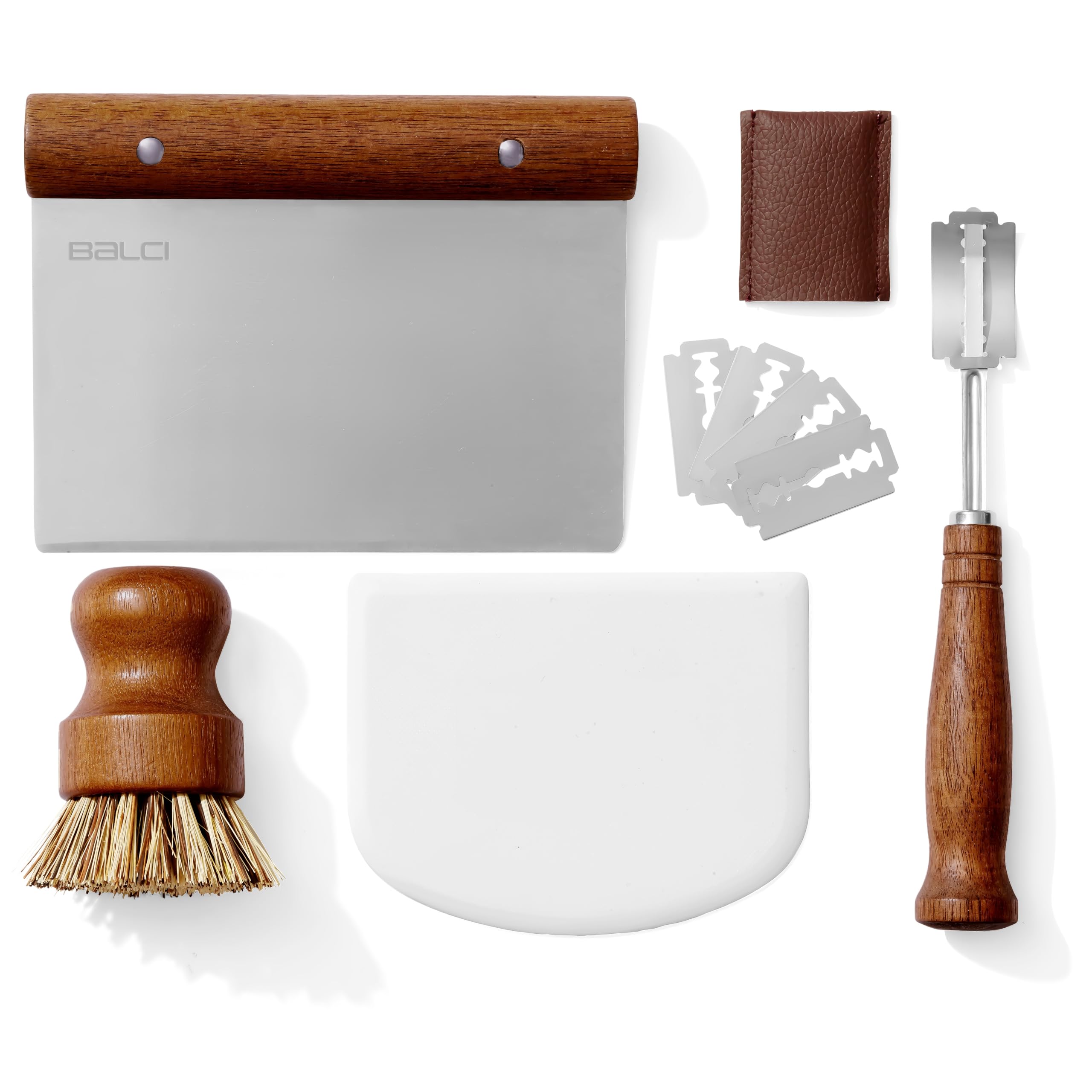 Premium Bread Proofing Set with Acacia Wood - Sourdough Bread Baking Supplies, 2 Rattan Banneton Baskets, 2 Basket Covers, Brush, Metal Scrapper, Plastic Scrapper, Scoring Lame, 5 Blades & Case