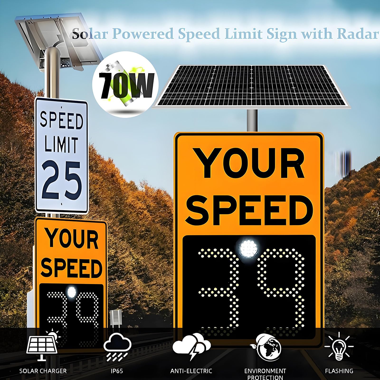 Señal de velocidad de radar, LED solar, señal de límite de velocidad variable, 24 x 35 pulgadas y 20 x 27 pulgadas, señalización de seguridad vial con accesorios y pantalla de 3 dígitos para control