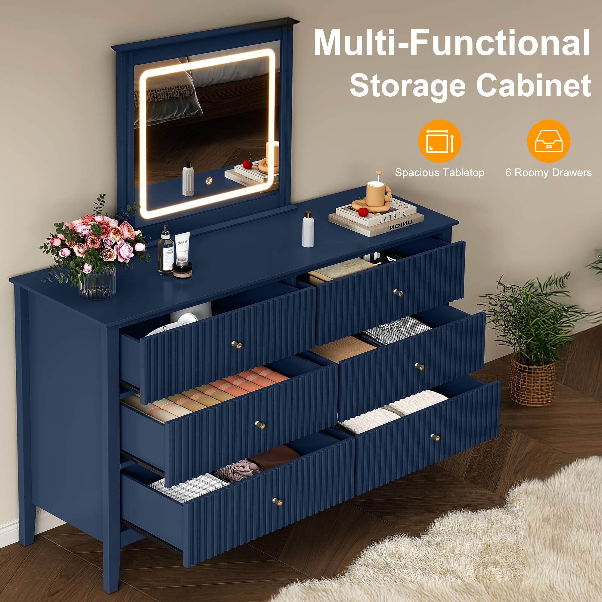RoyalCraft 6 Drawer Dresser with Lighted Mirror, Blue Fluted Modern Wood Chest of Drawers, Long Dresser for Bedroom Storage : Home & Kitchen