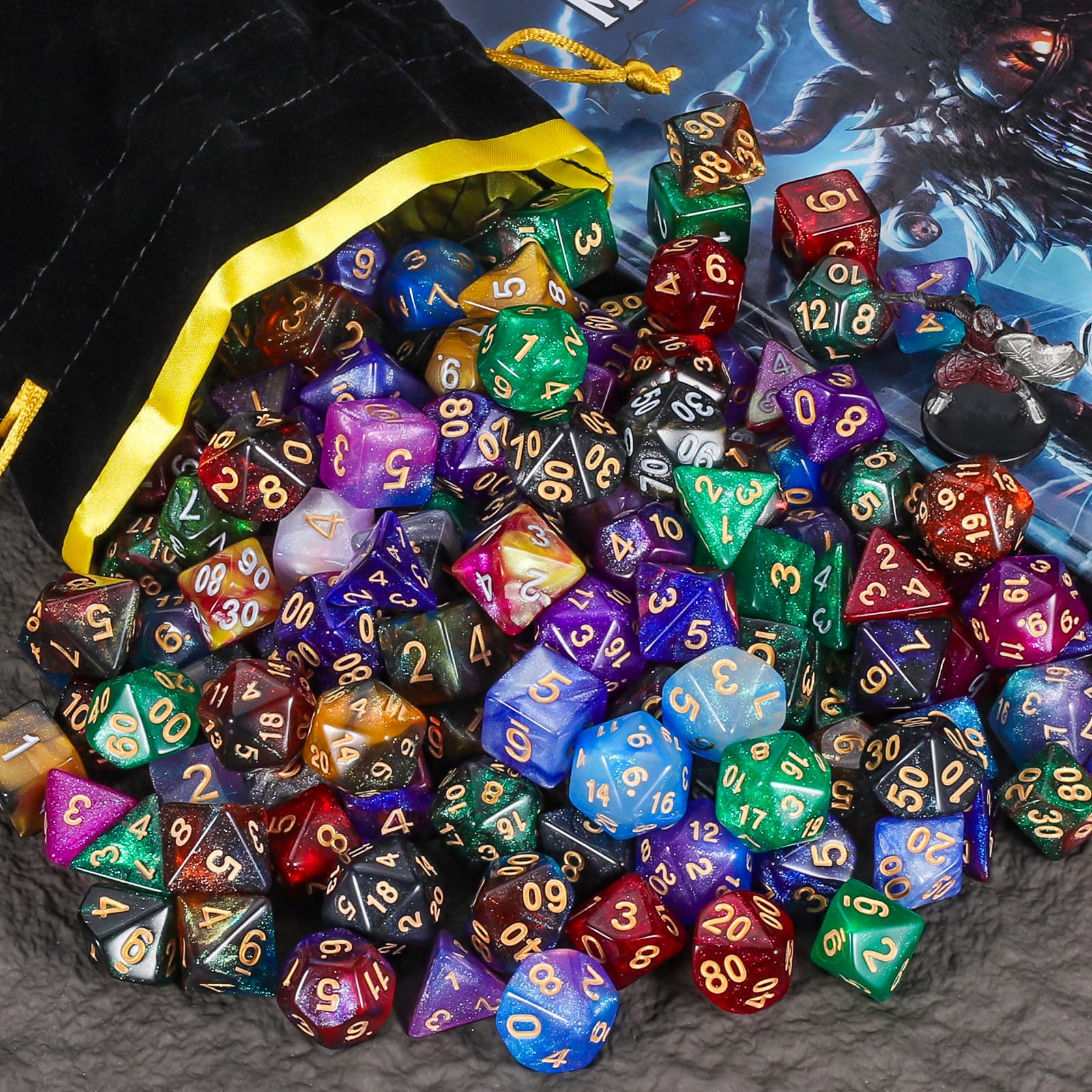 YILAIDA Dés polyédriques, 182 pièces – 26 couleurs jeux de rôle paillettes dés pour DND RPG MTG Jeux de table Dice D4 D6 D8 D10 (00-90 et 0-9) D12 D20