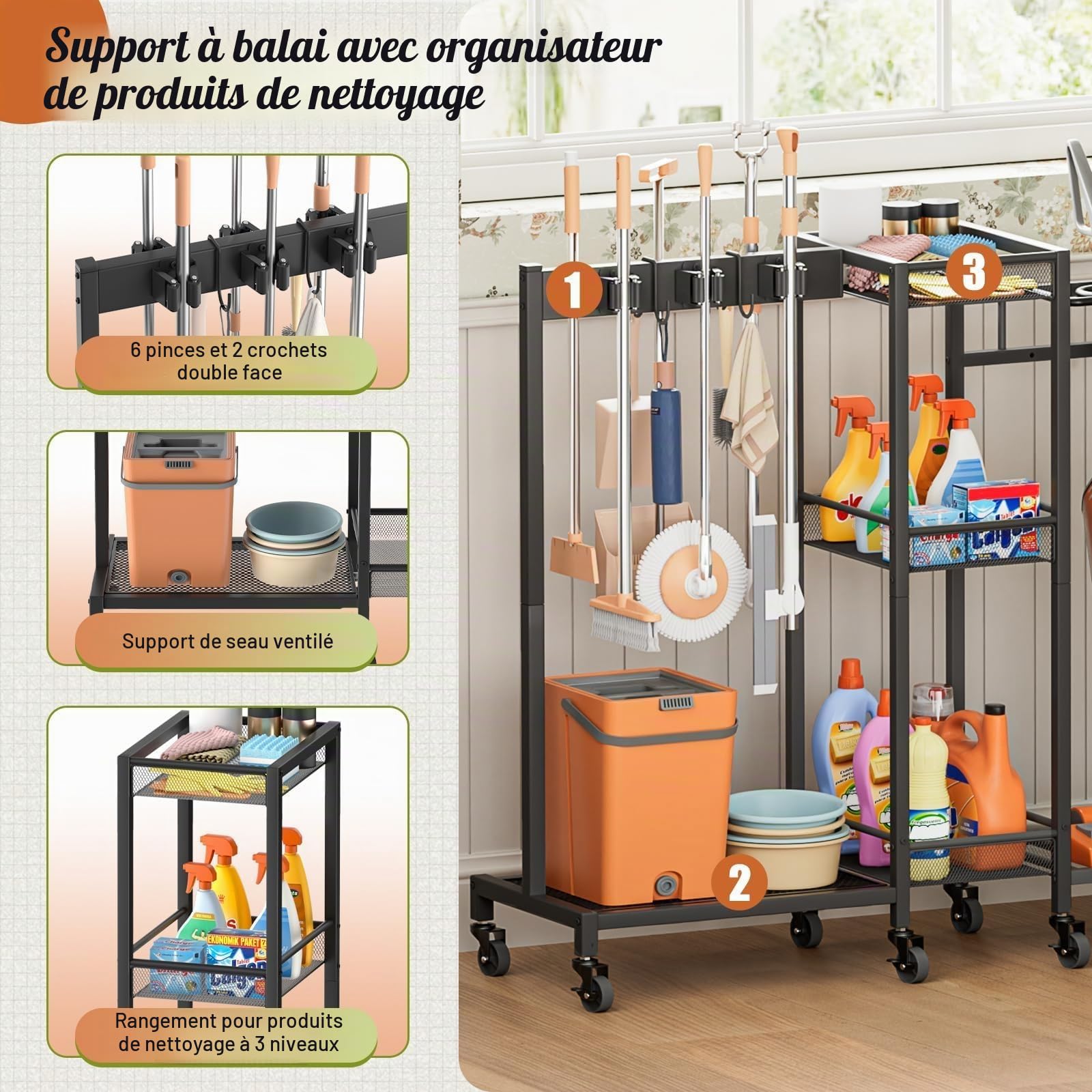 Porte-Balai et Organisateur Produits de Nettoyage, Chariot de Ménage avec roulettes et Armoire, Support pour Balai et Serpillière avec Support Aspirateur, Chariot Multiusage pour Maison et Buanderie