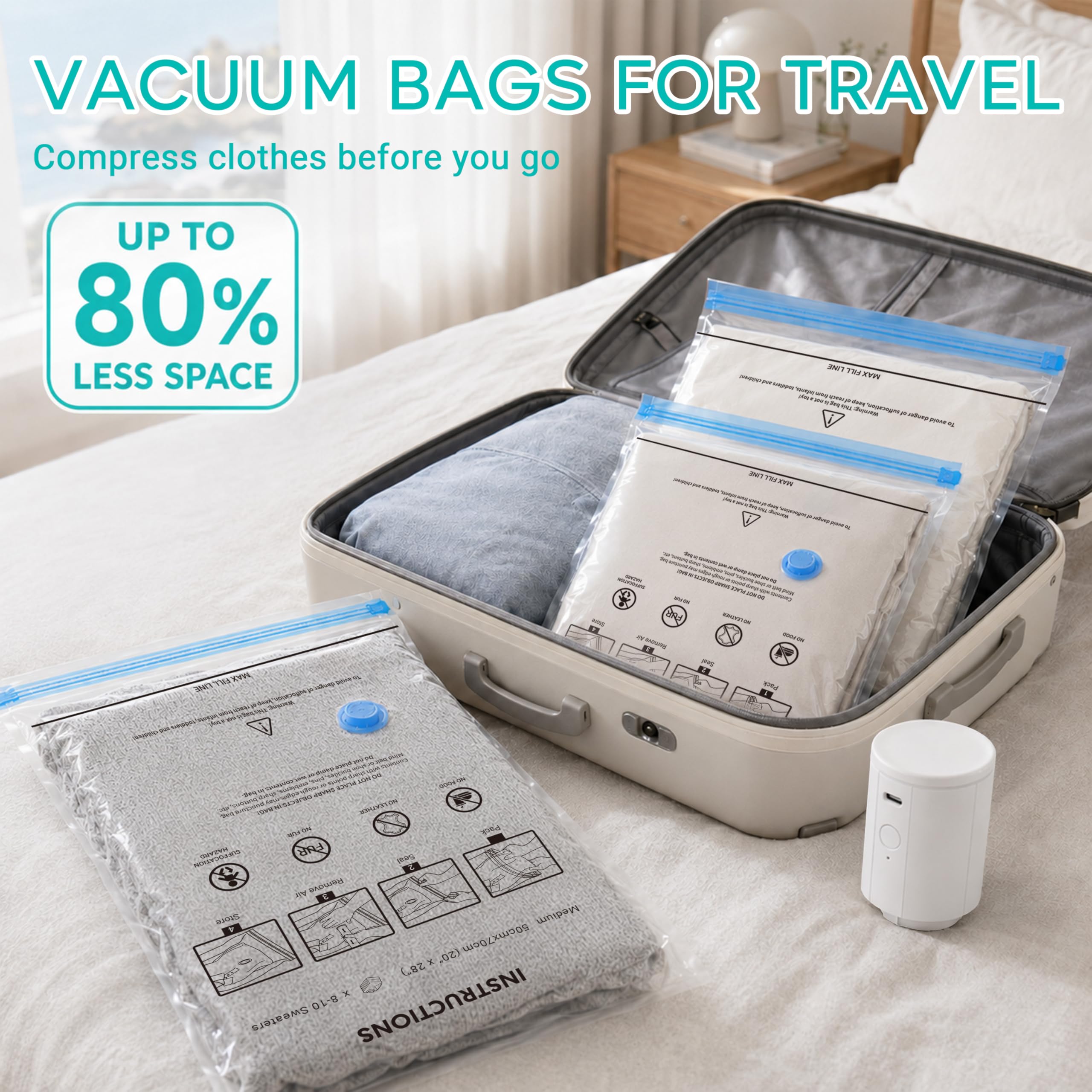 Confezione da 12 sacchetti sottovuoto da viaggio con pompa elettrica portatile, sacchetti salvaspazio per abbigliamento, sacchetti sottovuoto a compressione per coperte da viaggio (4 grandi
