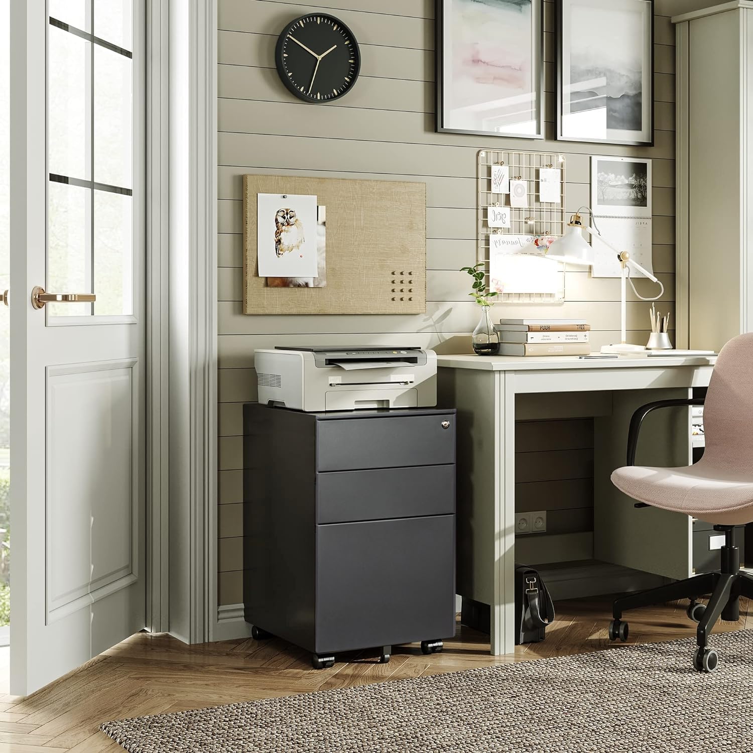 XRCISE File Cabinet with Lock 3 Drawer Locking Lateral Filing Cabinet Metal Office File Cabinet Horizontal Filing Organizer with Hanging Rack for Legal/Letter Size, Black