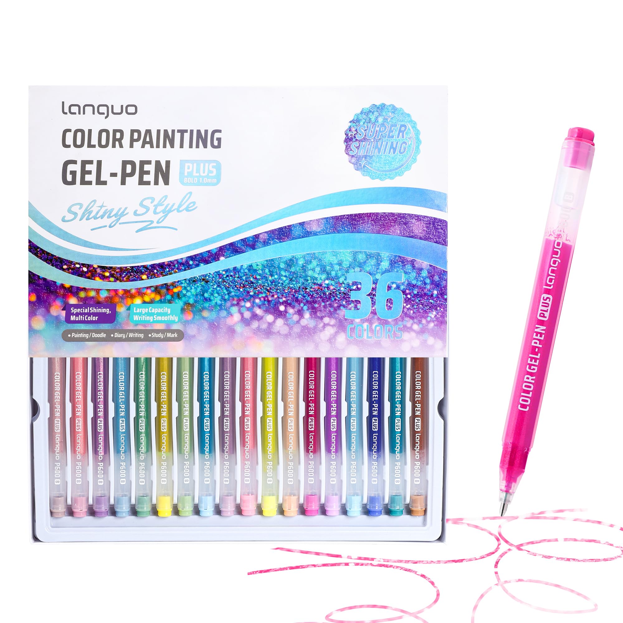 Qimiart Glitter Gel Pens, 36 Colours with 1.0mm Bold Point Gel Glitter Pens, Large Capacity Ink Pens for Colouring, Drawing, Doodling, Journaling, Scrapbooking, Writing & DIY Art Supplies