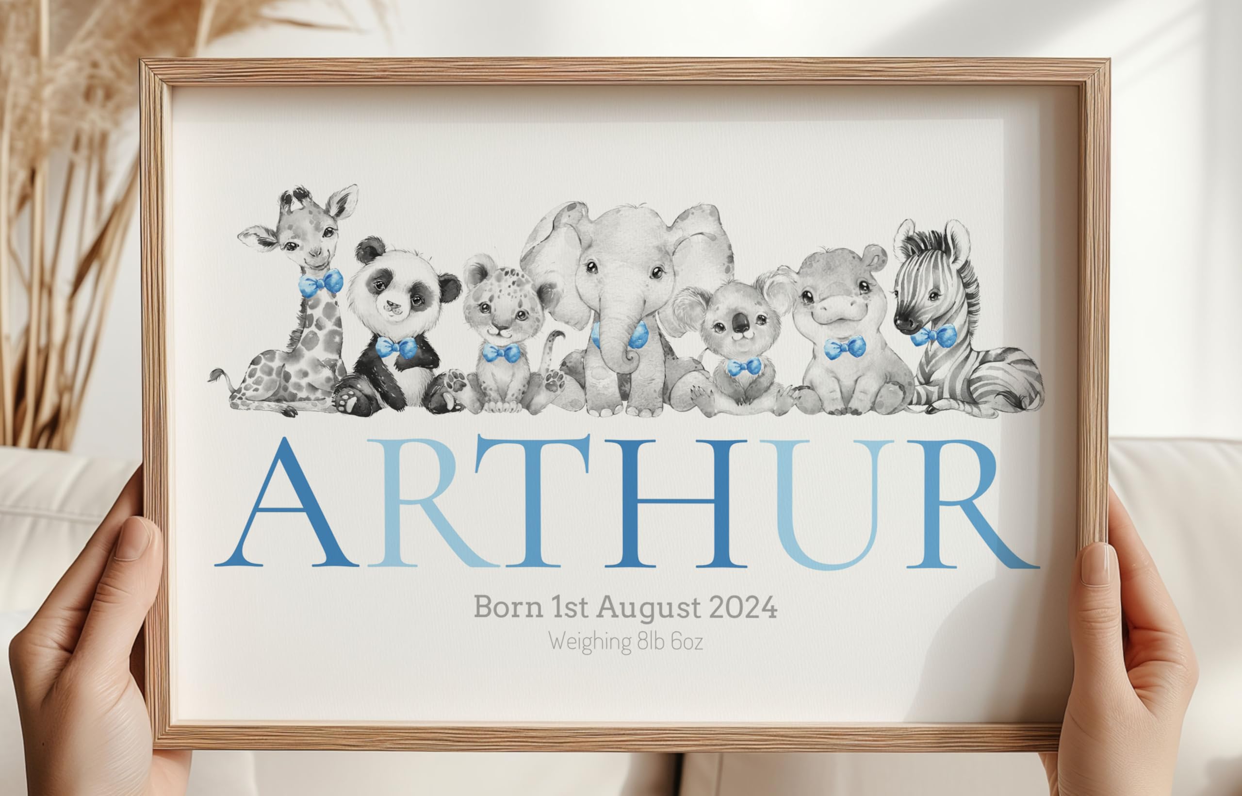 Eviepops Prints Personalised Safari Baby Animals Unframed Poster Print for Boys Nursery Bedroom, Personalise Name and Birth/Weight Details, Choice of 6 Colours, Jungle Wall Art, New Baby Gift (A3)