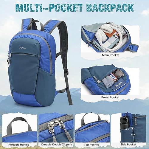 Miniatura 4 de G4Free Mochila de senderismo plegable de 20 L, ligera, plegable, con panel trasero grueso para hombres y mujeres, Azul, Diseño de panel trasero
