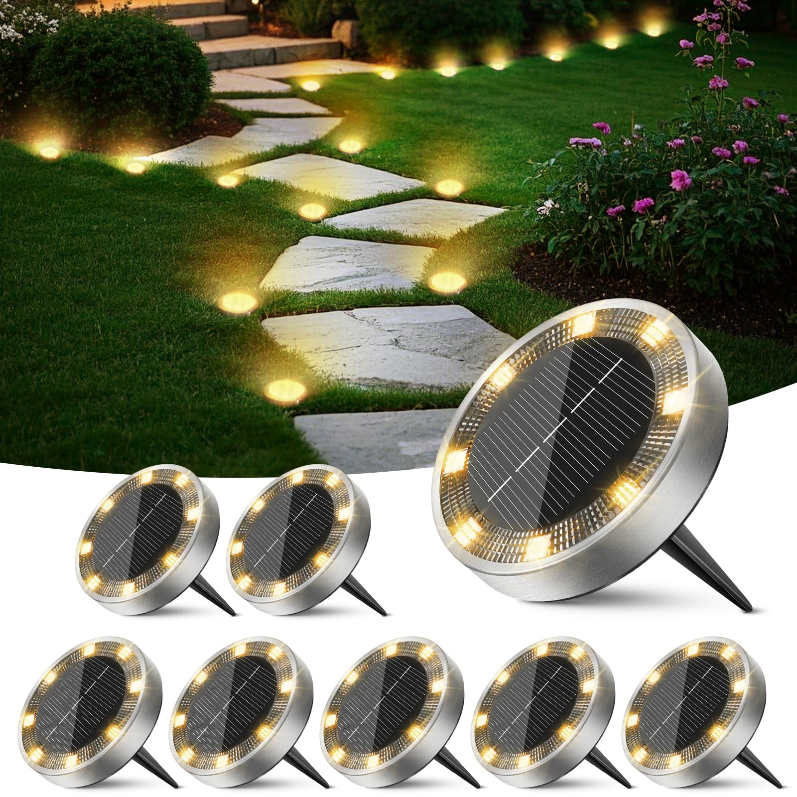 Peasur 8 Pack Solar Lights Outdoor Garden, Solar Ground Light, Waterproof Disk Lights for Pathway, Patio, Yard, Lawn, Landscape (Warm White)