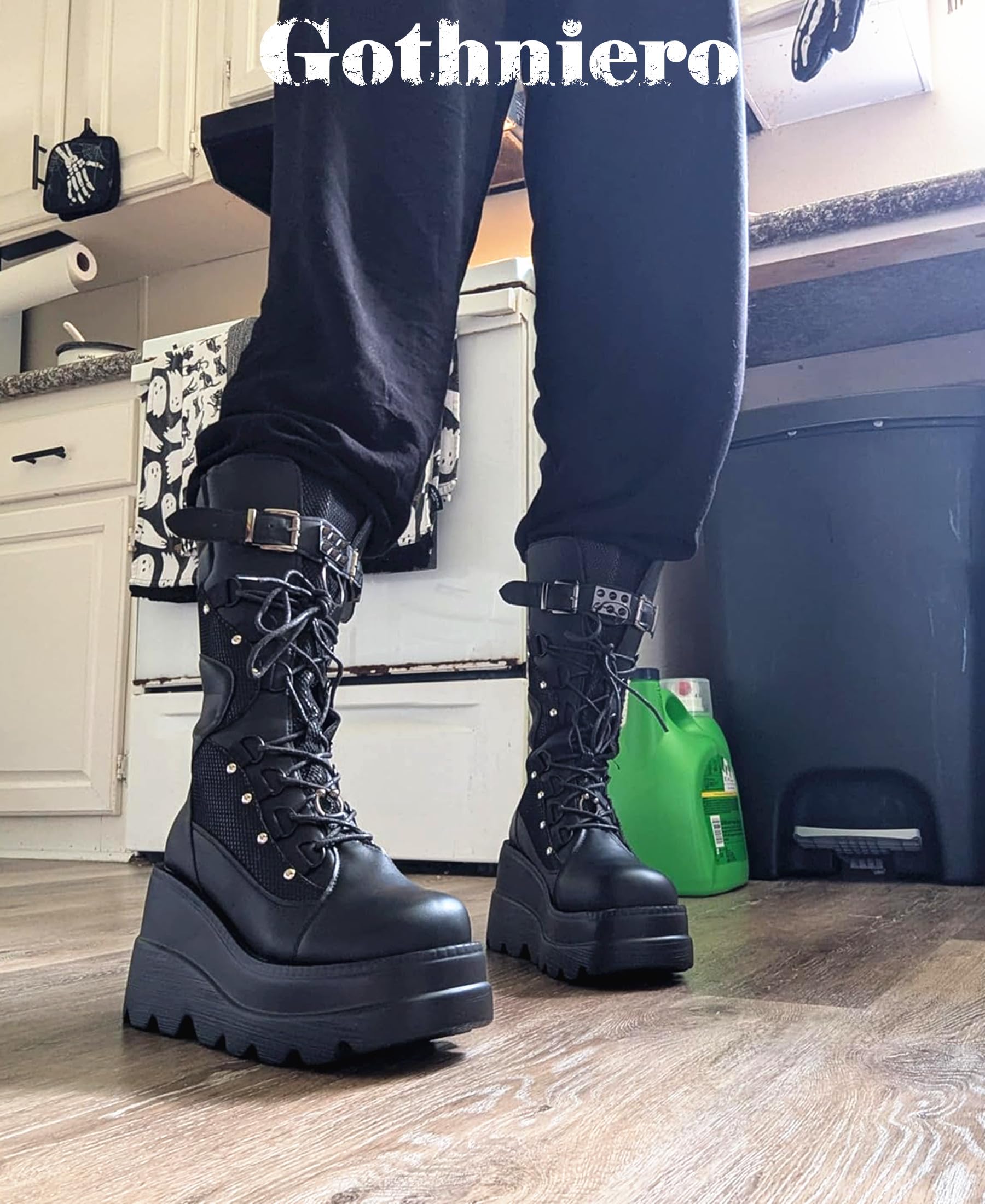 Gothniero Women Black Platform Goth Boots Knee High Chunky Heel Gothic Boot Women Black Combat Motorcycle Booties Round Toe with Zip 3UK-8UK