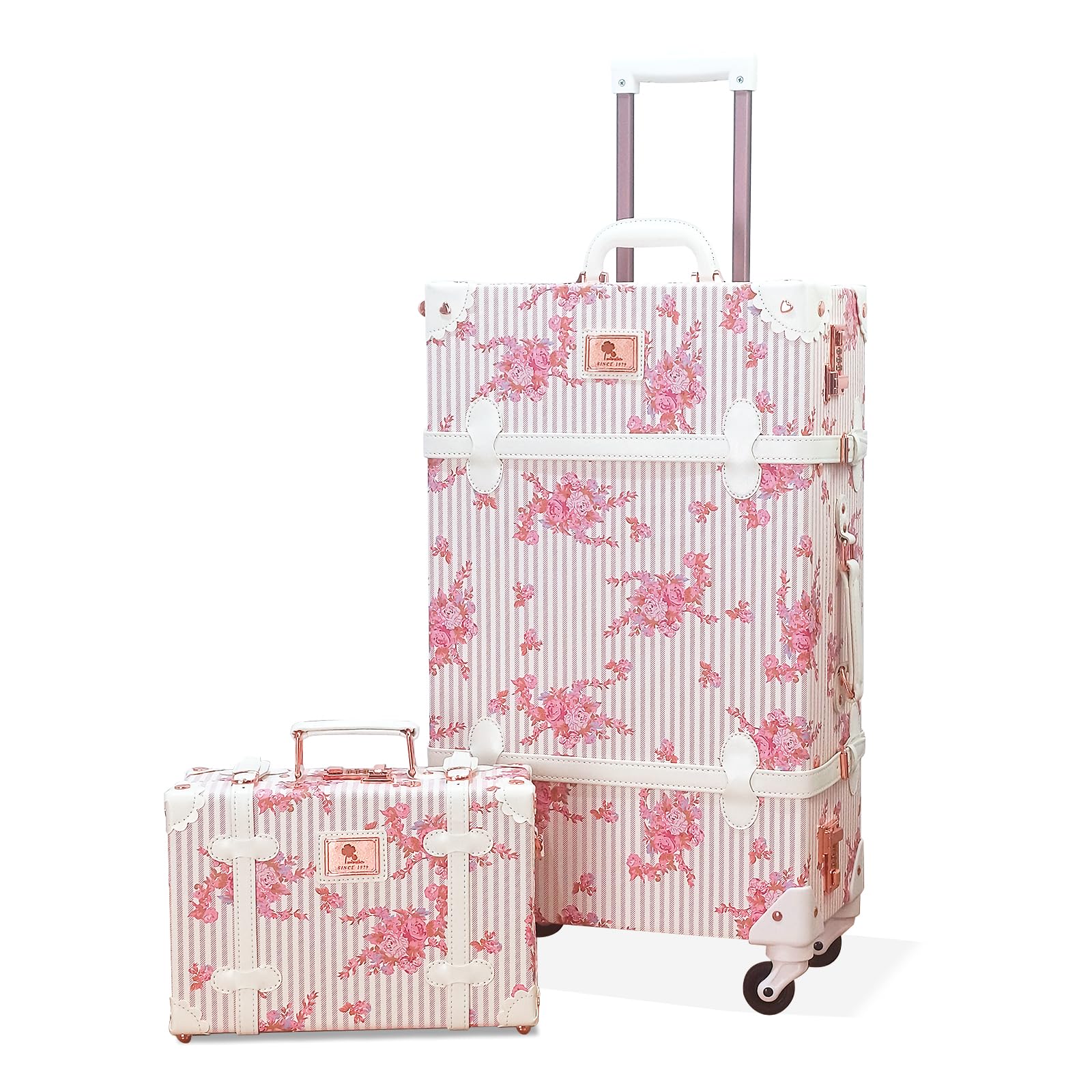 Unitravel 2 Piece Vintage Suitcase Set, 26 inch Handmade Faux Leather Spinner Luggage for Women with 12 inch Cosmetic Train Case Handbag (Floral Pink)
