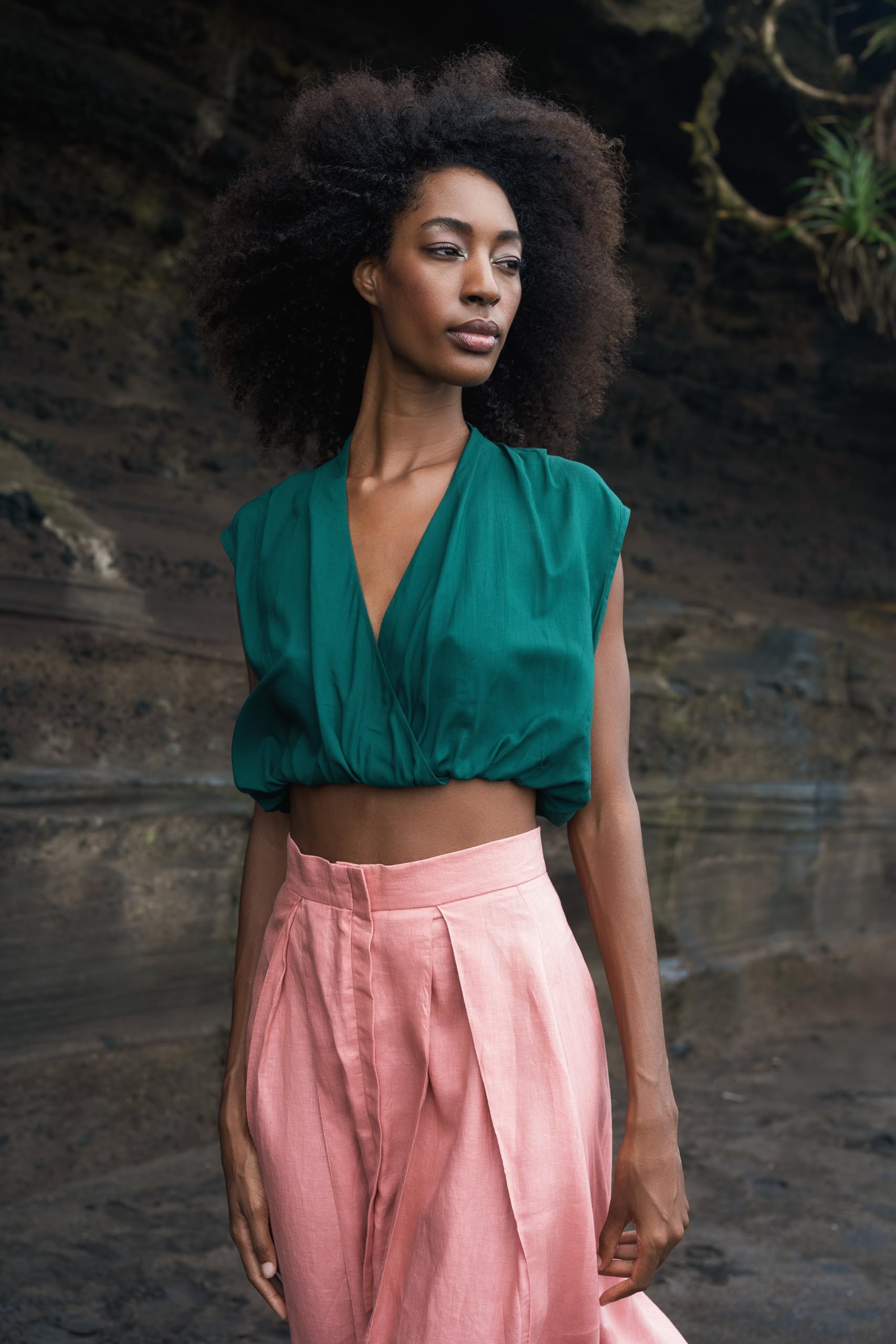 TATI Women's Pink Linen Midi Skirt with Front Slit