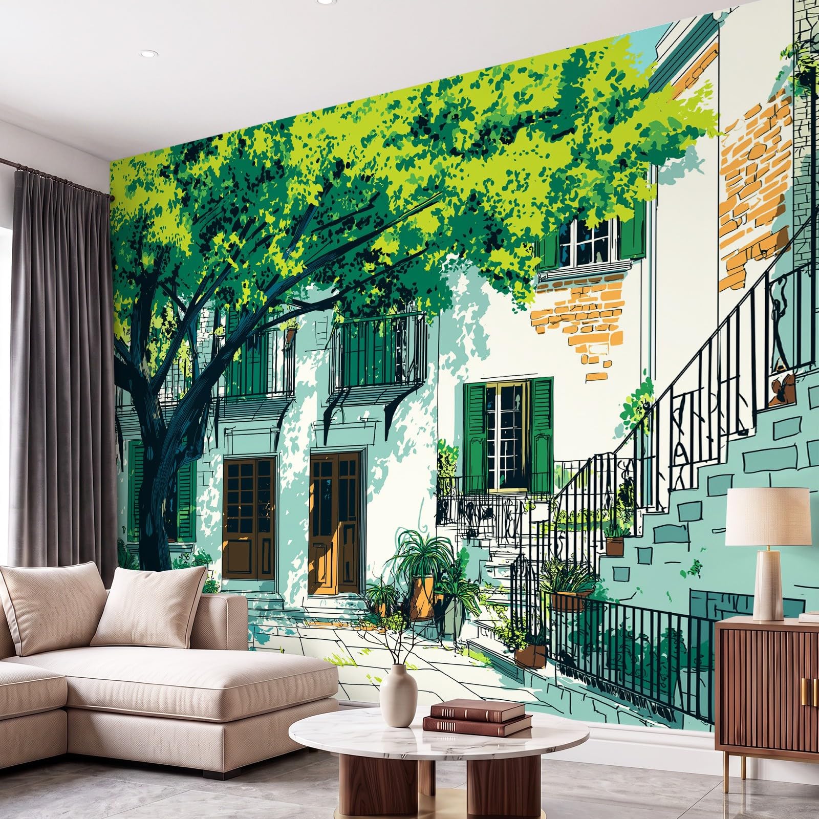 Générique Panoramiczna tapeta w stylu komiksowym nowoczesna architektura 350 x 256 cm (dł. x wys.), tapeta z włókniny, liści, botanika, drzewa, fresk, dekoracja ścienna, salon, sypialnia, biuro