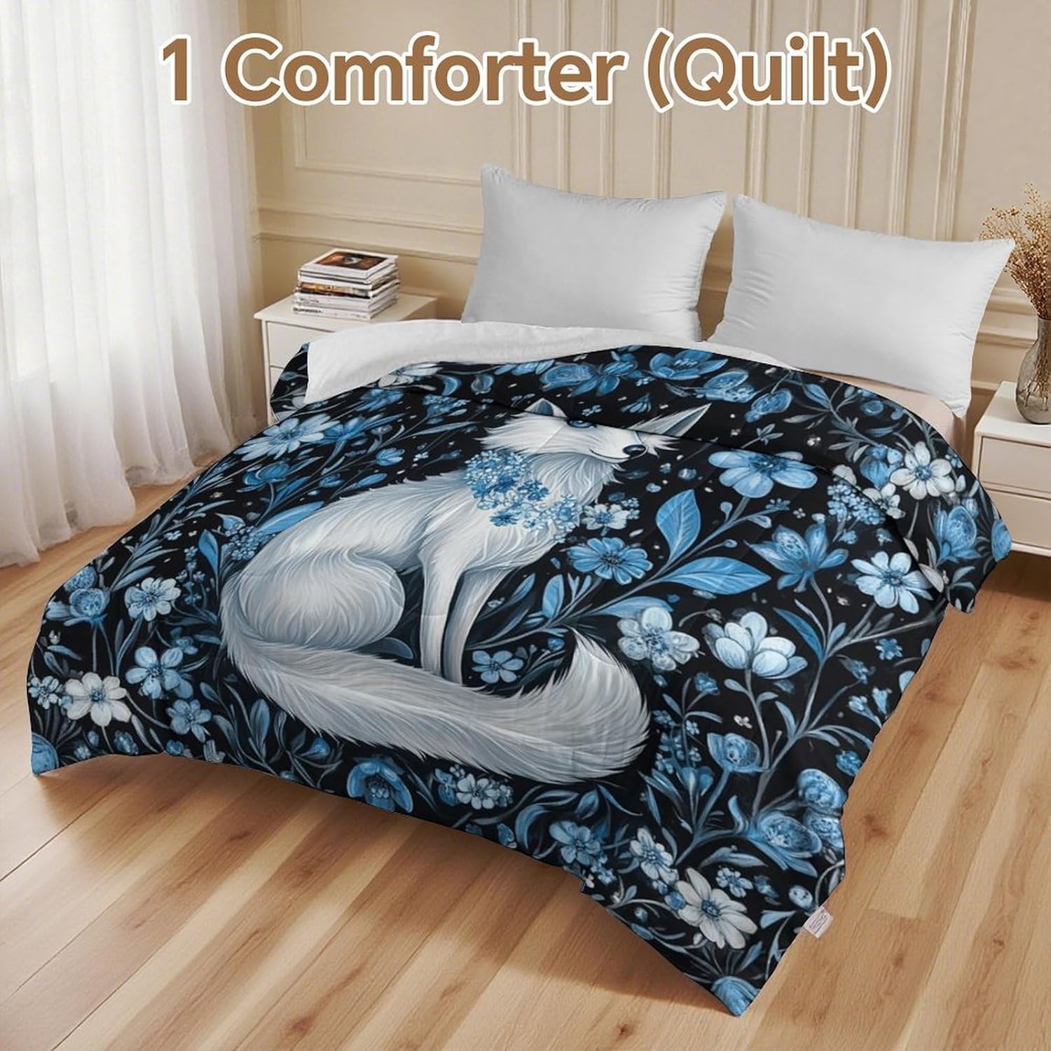 White Fox in Flowers Comforter Bedding Heavy Bed Blanket Soft Warm Fluffy All Seasons Only Quilt 229x229cm