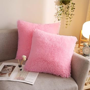 XeGe Cozy Faux Fur Throw Pillow Covers, 18"x18", Set of 2, Light Pink